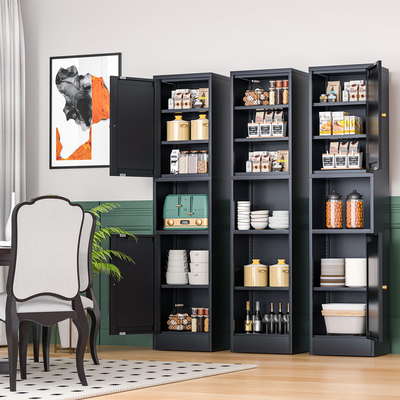 Black Tall Metal Storage Cabinet with 3 Adjustable Shelves & 2 Doors - Narrow Sideboard for Small Spaces - Perfect for Living Room, Home Office & Dining Room Organization