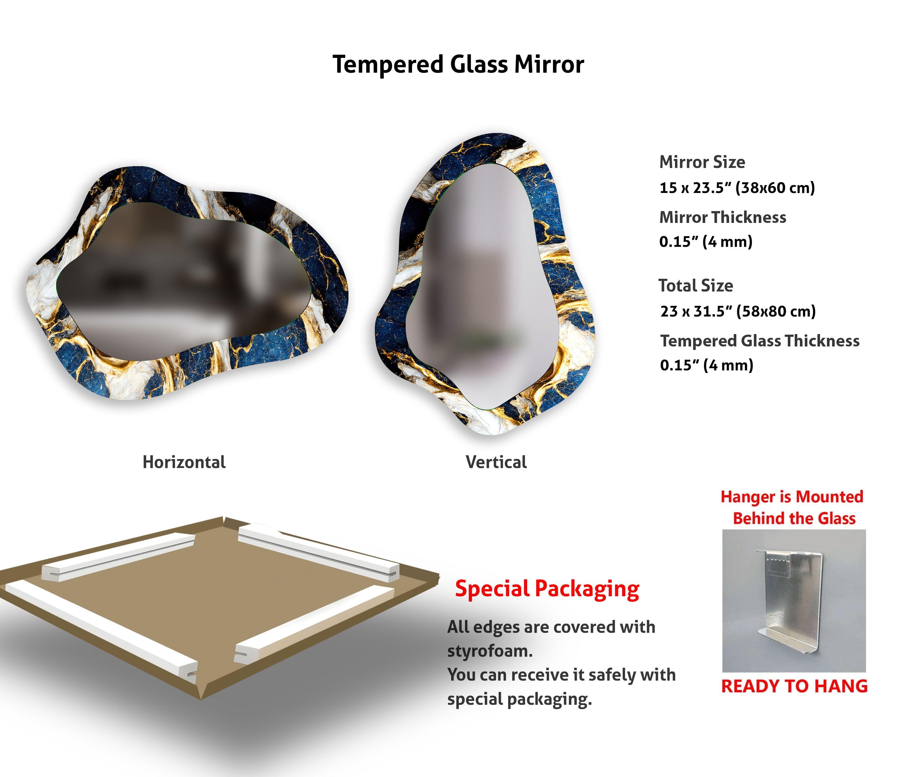 Blue & Gold Marble Bathroom Wall Mirror - Elegant Vanity Mirror for Makeup & Shaving - Perfect for Modern Bathroom Decor & Bedroom Vanity