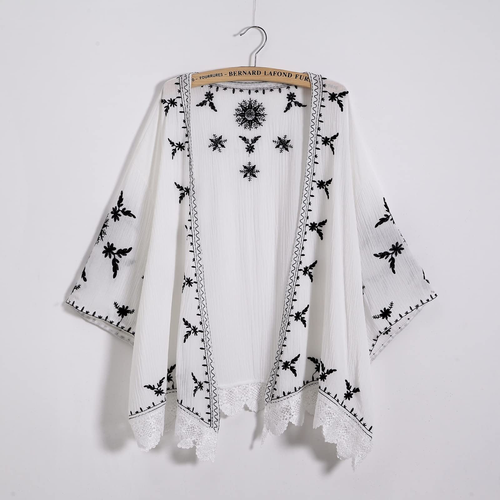 JIAJING Women's Embroidered Kimono Cardigan - Boho Fashion Summer Shawl Blouse, Lace Loose Top Sunscreen Cover-Up Outwear (White, One Size) - Perfect for Beach, Vacation, and Casual Wear