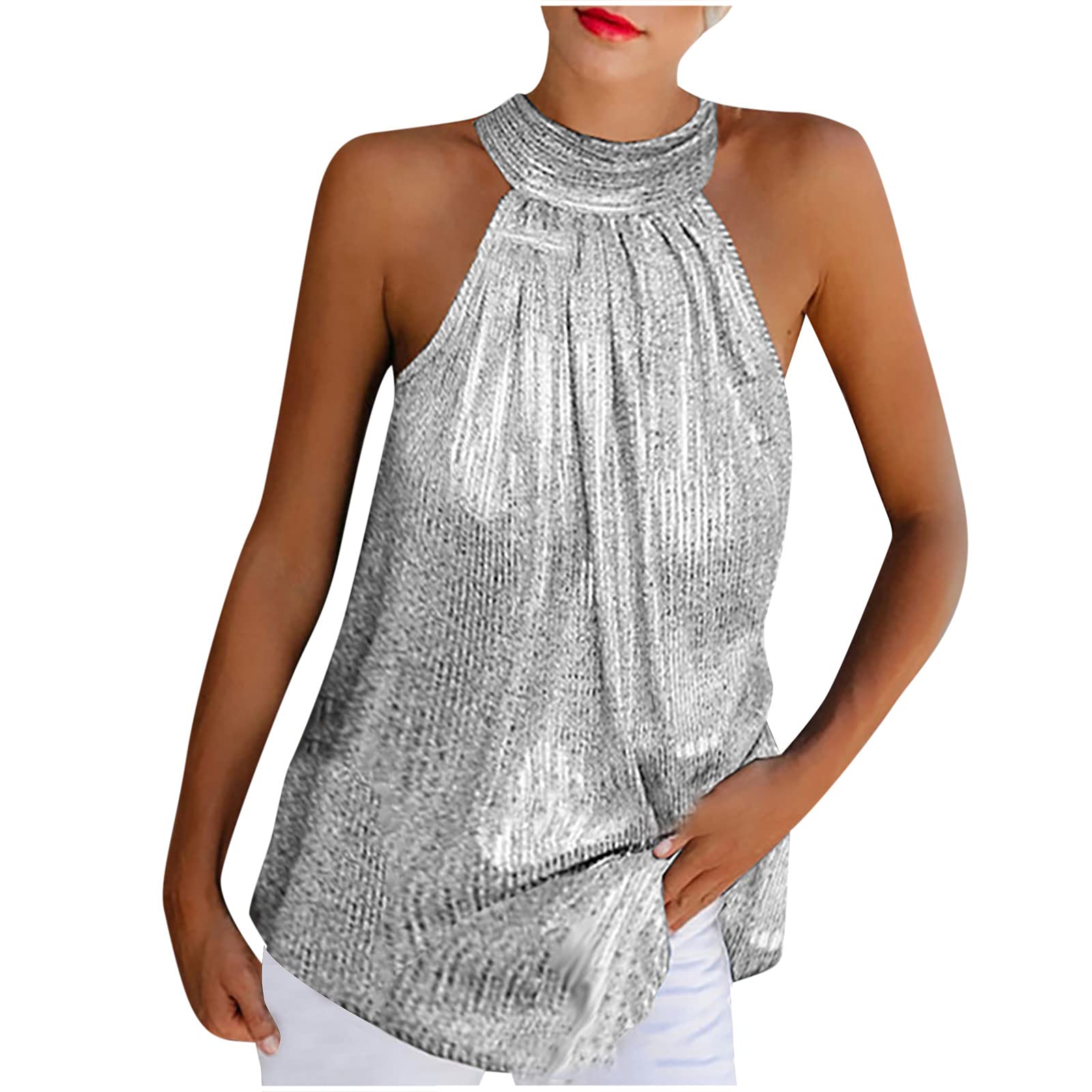 Women's Halter Pleated Tank Top - Sleeveless Summer Vest Shiny Blouse for Party & Beach Wear | Loose Fit Camisole for Casual Outings, Vacations & Night Out