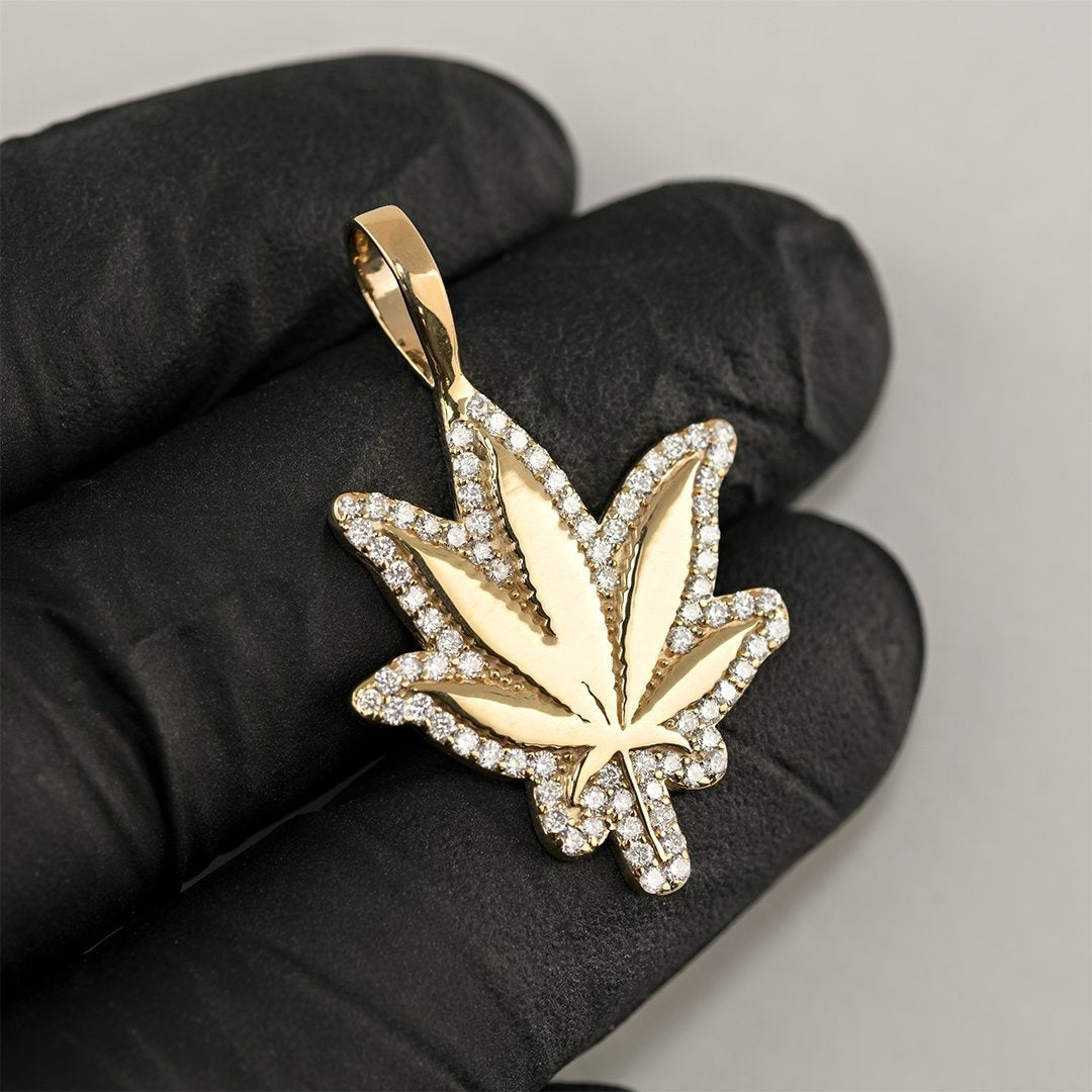 14K Yellow Gold Marijuana Leaf Diamond Pendant Necklace - 1.00 Carat Total Weight - Perfect for 420 Celebrations & Cannabis Enthusiast Gifts