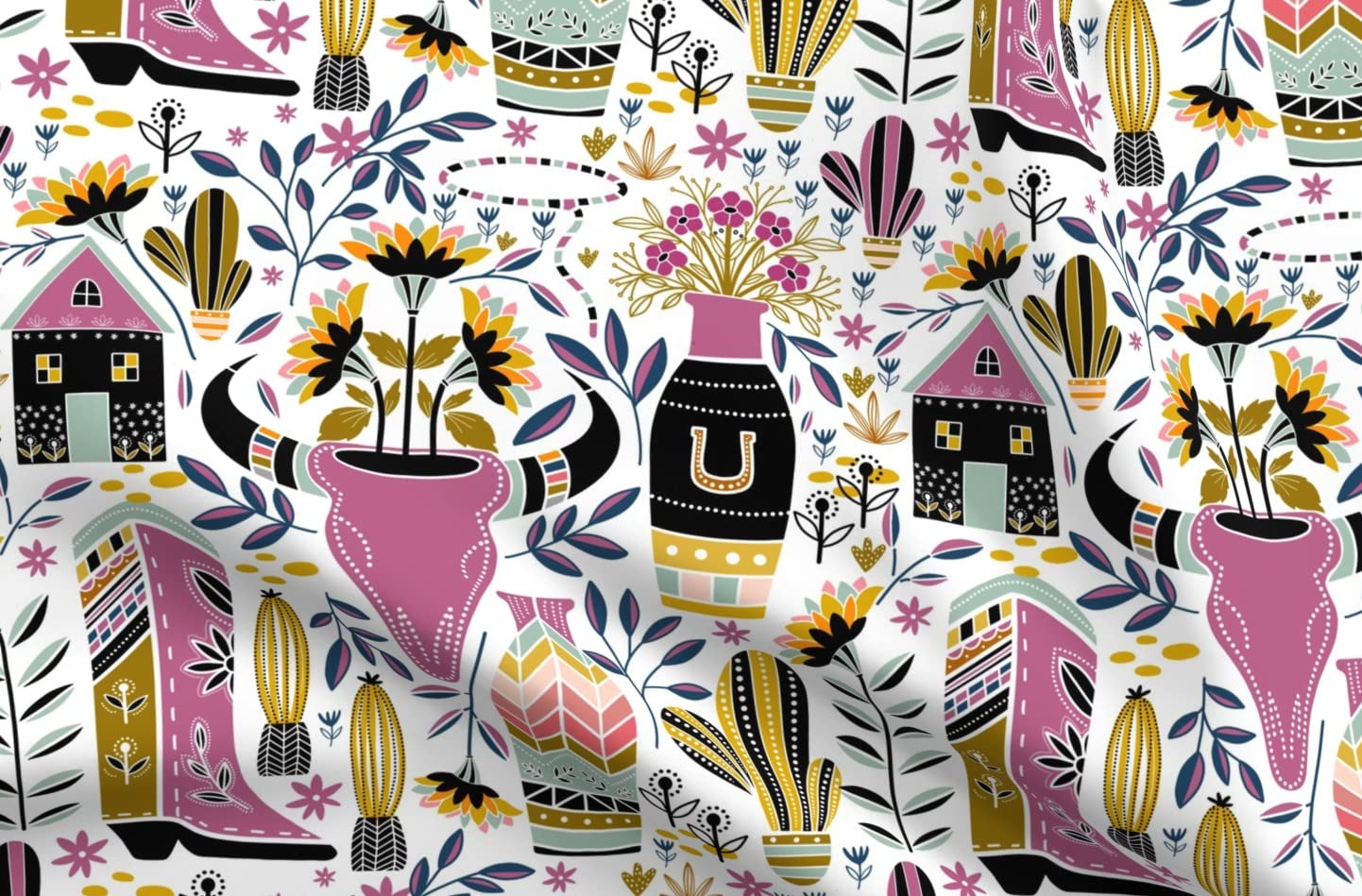 Sunflower & Cactus Printed Chiffon Fabric Fat Quarter - Western Boots Floral Design for Sewing, Fashion Apparel, Dresses & Home Decor - Perfect for DIY Crafts, Quilting, and Bohemian Style Decorations