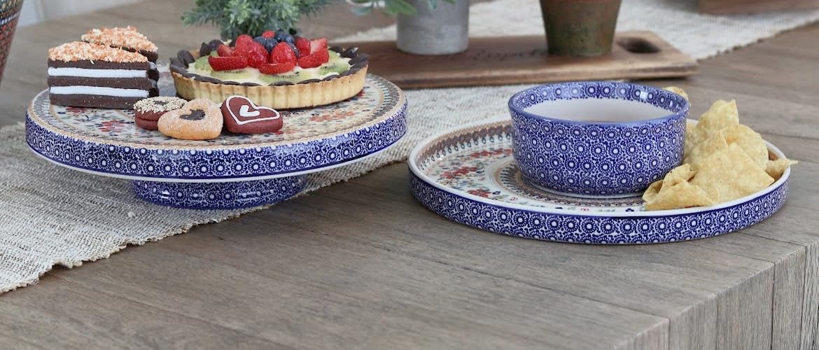 Blue Rose Polish Pottery Red Daisy Dual Dish - Handmade Ceramic Serving Platter for Appetizers, Desserts & Entertaining - Perfect for Dinner Parties, Weddings & Home Decor
