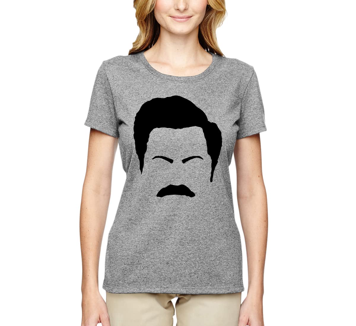 Ron Swanson Mustache Face Silhouette Graphic T-Shirt - Parks and Recreation Pop Culture Tee for Women - Perfect for TV Show Fans, Cosplay & Casual Wear