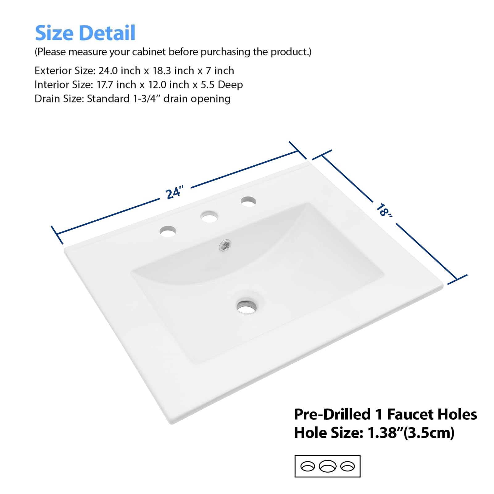 Lordear White Porcelain 3-Hole Drop-In Bathroom Sink - 24 x 18 Inch Ceramic Vanity Top Basin for Bathroom & Powder Room Remodeling