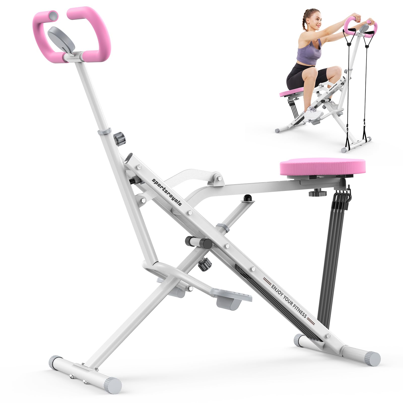 Sportsroyals 2-in-1 Foldable Rowing Machine & Squat Assist for Home Workouts - Adjustable 4 Resistance Bands (330lbs Capacity) - Full Body Exercise Equipment for Cardio & Strength Training - Perfect for Small Spaces & Home Gym Fitness Routines