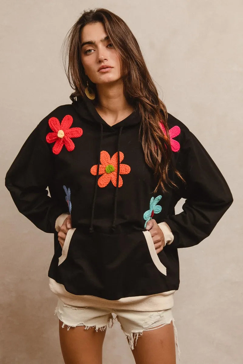 BiBi Patched Hoodie Top for Women - Trendy Streetwear Pullover with Unique Embroidery | Perfect for Casual Outfits, Layering & Fall Fashion