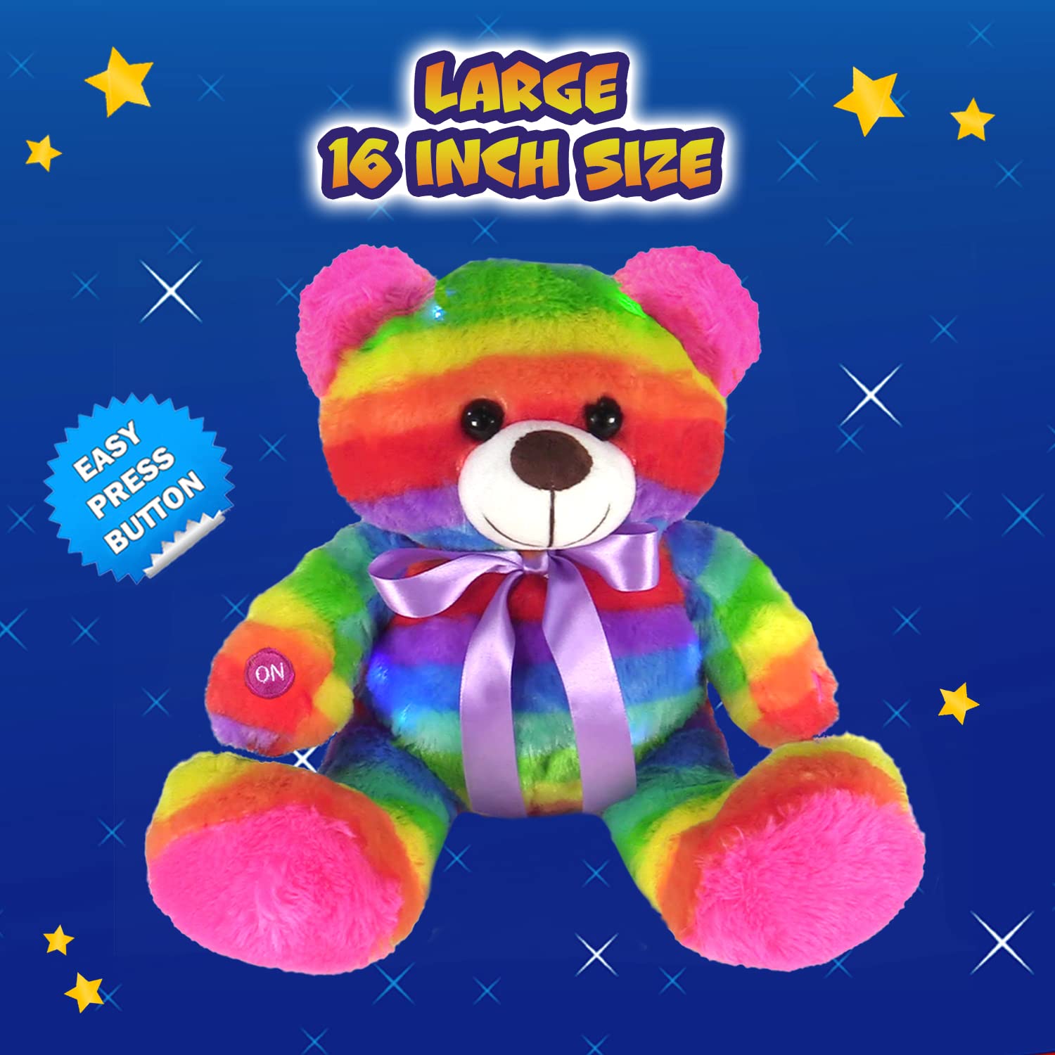 Rainbow LED Light Up Teddy Bear Plush Toy - 16 Inch Soft Stuffed Animal with Glow Effects, Batteries Included - Perfect Night Light & Cuddly Sleep Companion for Kids, Girls Bedroom Decor & Gift Idea
