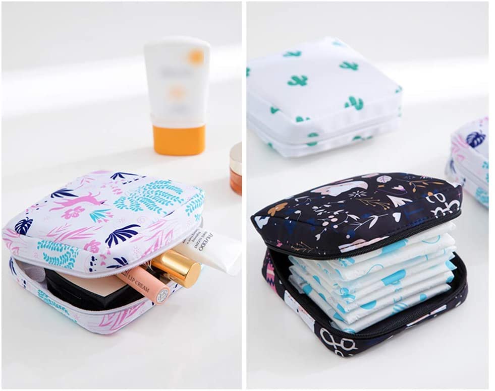 Quirky Nylon Sanitary Napkin Storage Bag with Zipper - Discreet Menstrual Pad Organizer for Purse & Travel - First Period Kit for Teen Girls - Women's Hygiene Essential (White Cactus Design) - Perfect for School, Work, Gym & On-the-Go