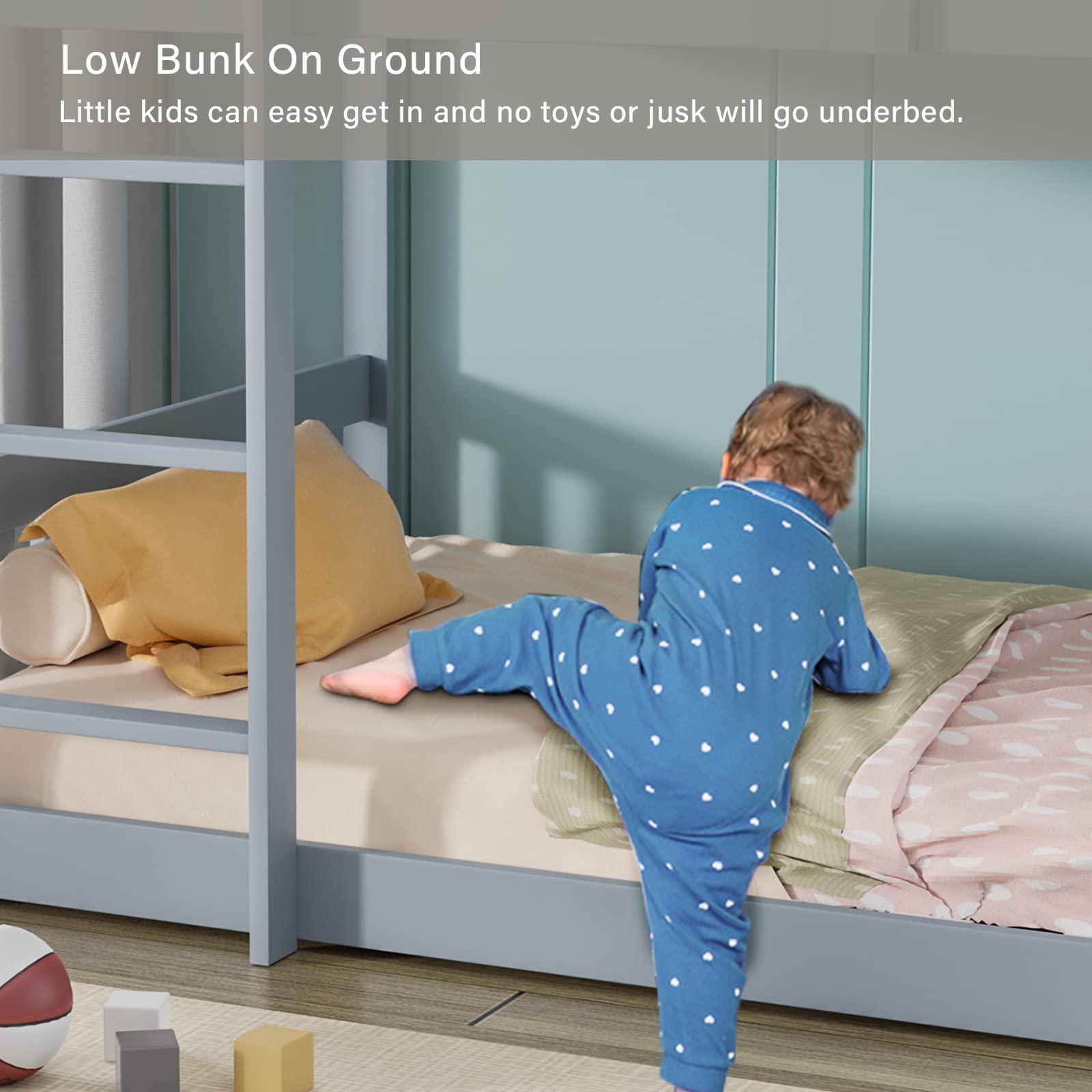 JOYMOR Twin Over Twin Solid Wood Bunk Bed for Kids & Teens with Ladder & Safety Rail - Space-Saving Bed Frame for Small Bedrooms, Dorm Rooms & Shared Kids' Rooms - Gray (Mattress Not Included)