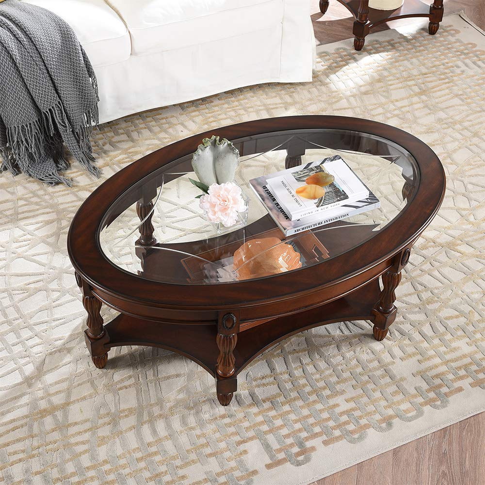 PADMA HOUSE Solid Wood Oval Coffee Table with Tempered Glass Top - Traditional Cherry Walnut Finish for Living Room, Family Room & Lounge Areas