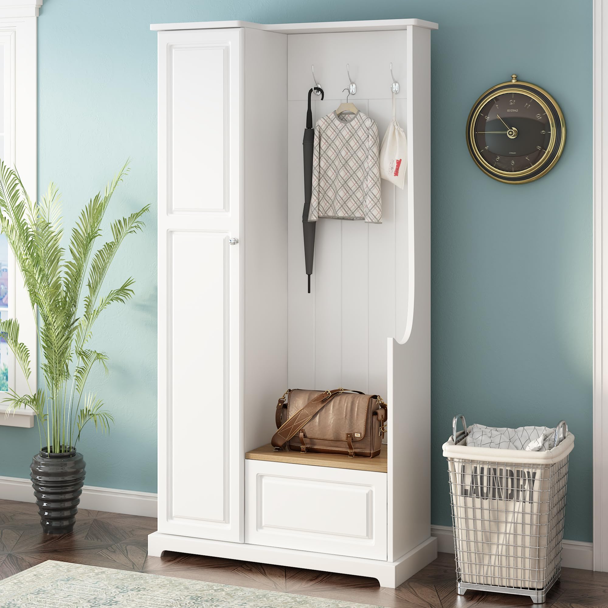 Multifunctional Hall Tree with Bench, Shoe Storage & Coat Rack - 3-in-1 Entryway Organizer with Flip-Up Storage & Adjustable Shelves, White Wooden Tall Cabinet - Perfect for Small Spaces, Apartments & Home Entryway Organization