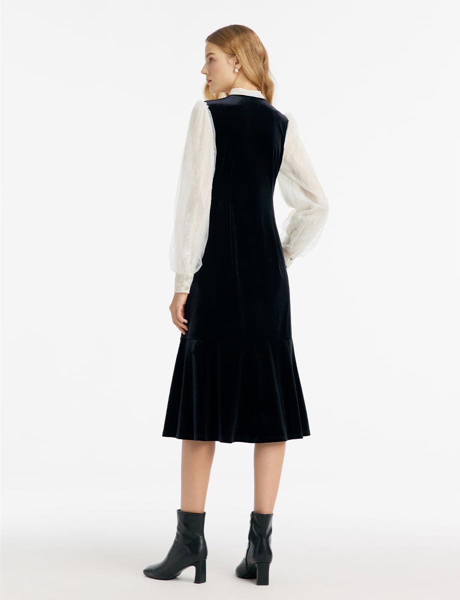 Elegant Black Formal Dress for Women - Silk & Lace Long Sleeve V-Neck Velvet Evening Gown | Perfect for Weddings, Parties, and Special Occasions