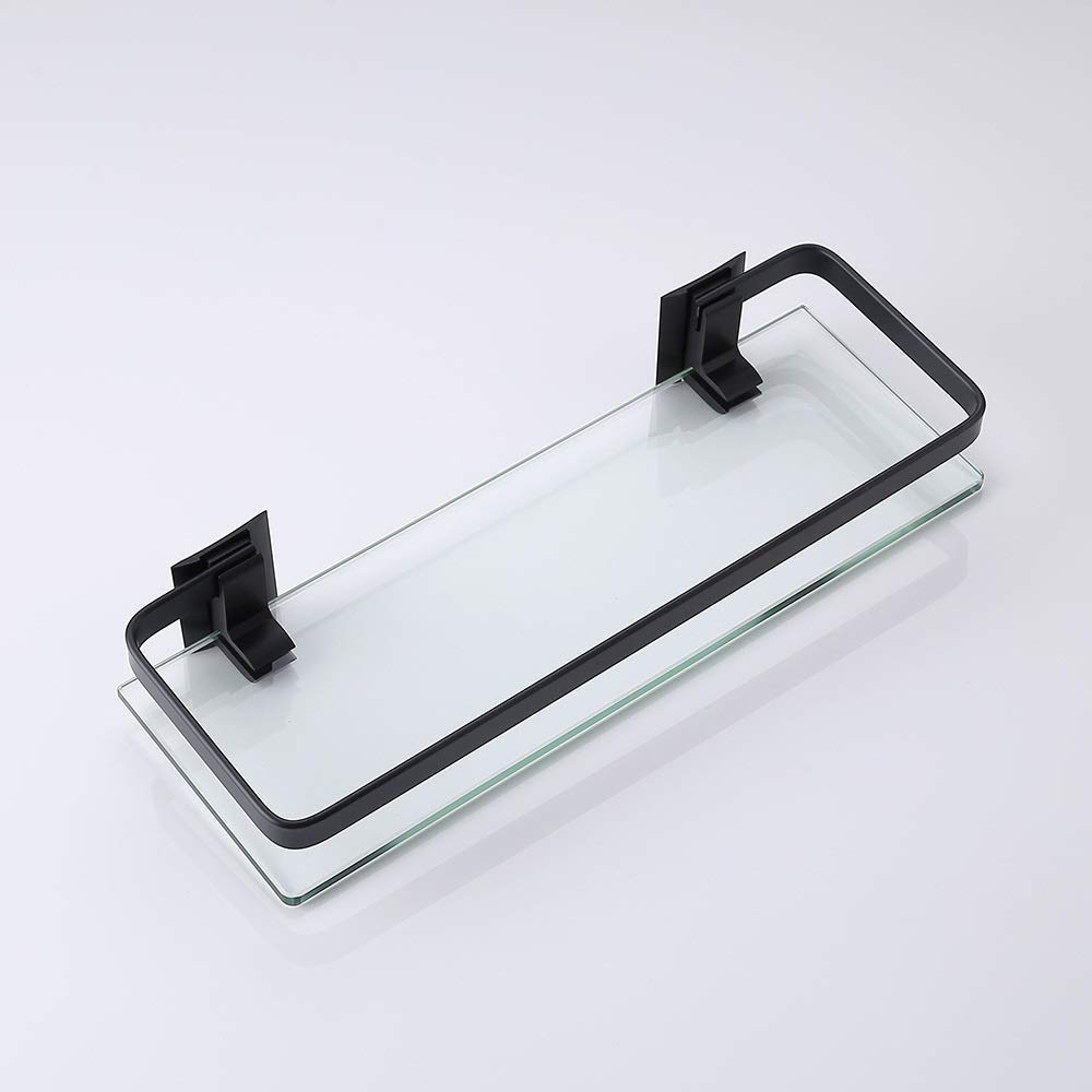 35cm Square Black Aluminum Bathroom Shelf - Single Layer Glass Shower Shelf for Toilet & Cosmetic Storage - Perfect for Shower Room, Bathroom & Vanity Organization