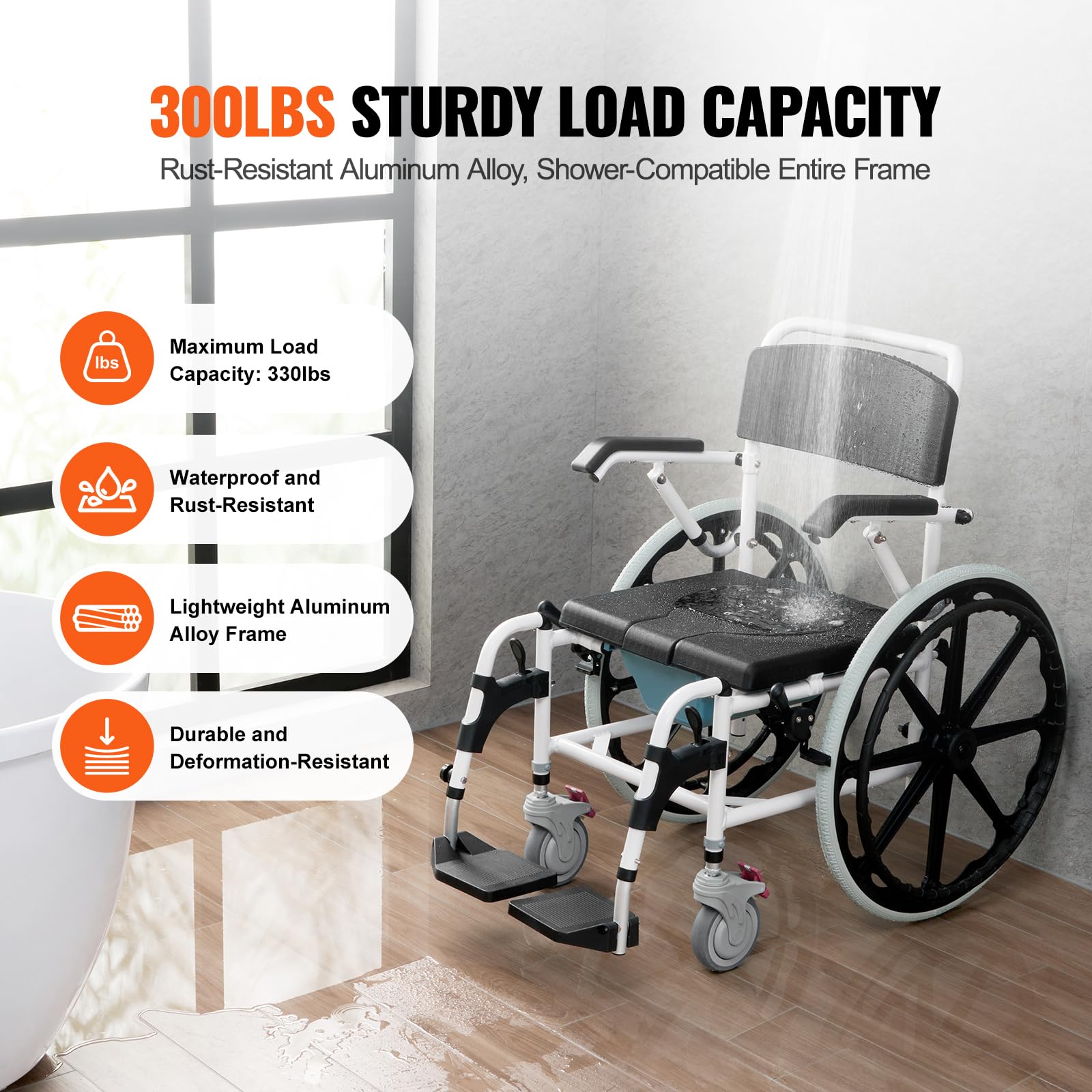 VEVOR Adjustable Aluminum Alloy Shower Wheelchair - 17.5