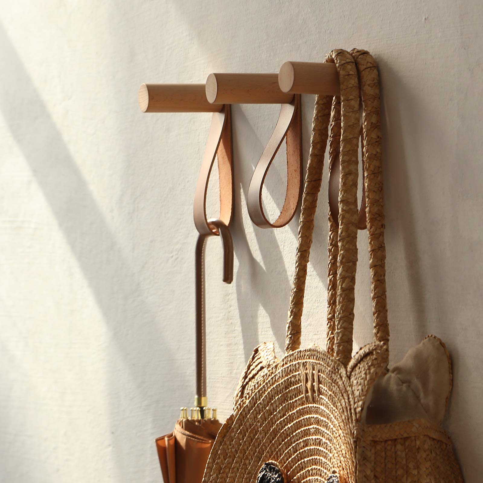 Handmade Oak Wooden Wall Hooks with Leather - 3 Pack Coat Hat Bag Hanger for Entryway, Bedroom & Closet Organization | Durable Rustic Home Decor