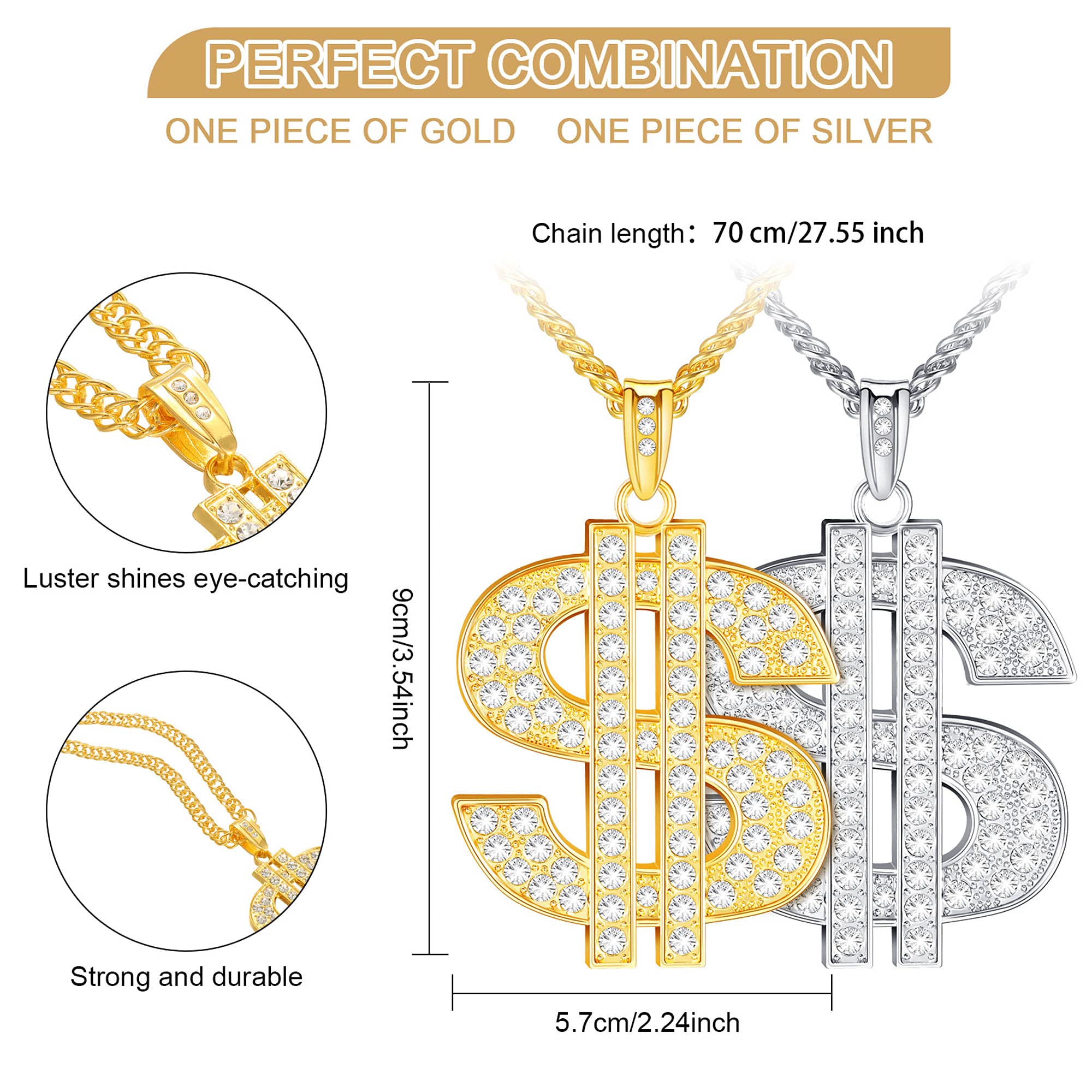 Tatuo 2-Piece Gold Plated Chain Necklace Set for Men - Hip Hop Dollar Sign Pendant Jewelry | Perfect for Streetwear, Rap Concerts & Gift Giving