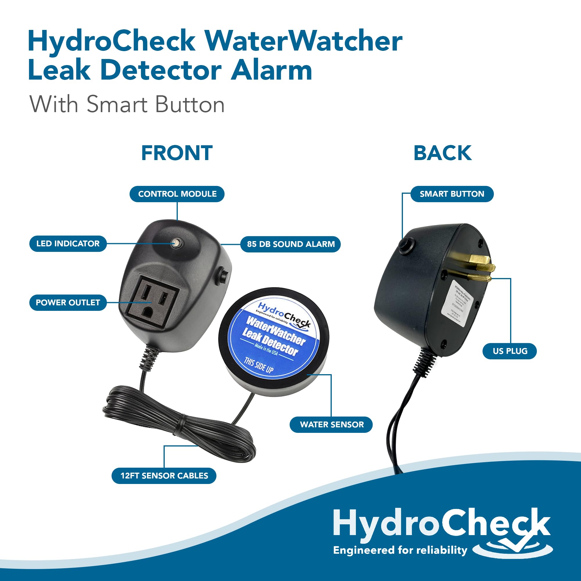 Smart Water Leak Detector Alarm - Home & Basement Flood Sensor | USA Made | Automatic Water Alarm for Pure Water | Ideal for Kitchen, Bathroom & Laundry Rooms (WaterWatcher)