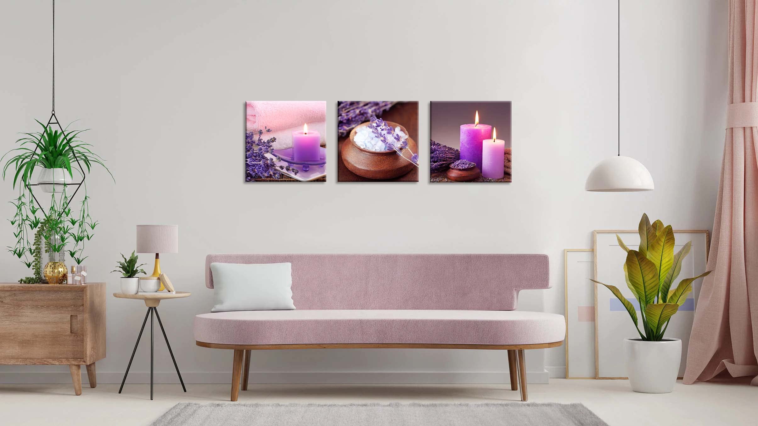 Purple Aromatherapy Candles & Zen Stone Lavender Flower Canvas Wall Art - 3 Piece 20x20 Inch Ready to Hang Bathroom Decor for Spa Relaxation, Meditation & Home Wellness Retreat