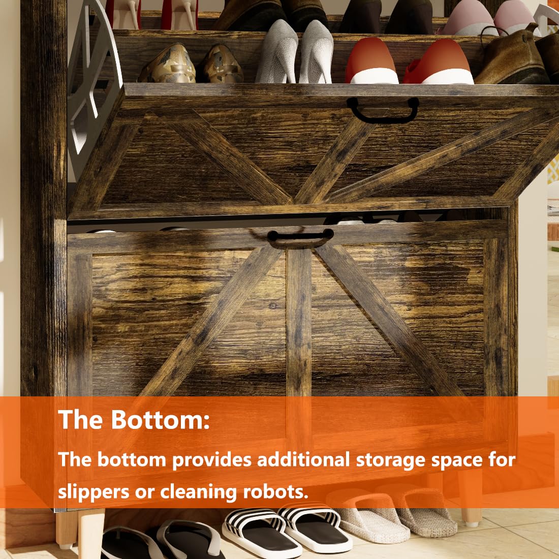 JOKOLO Shoe Cabinet Storage - Farmhouse Freestanding Organizer with 2 Flip Drawers & 4 Wooden Feet, Narrow Shoe Rack Cabinet for Entryway, Hallway or Bedroom - Rustic Brown Home Decor for Small Spaces