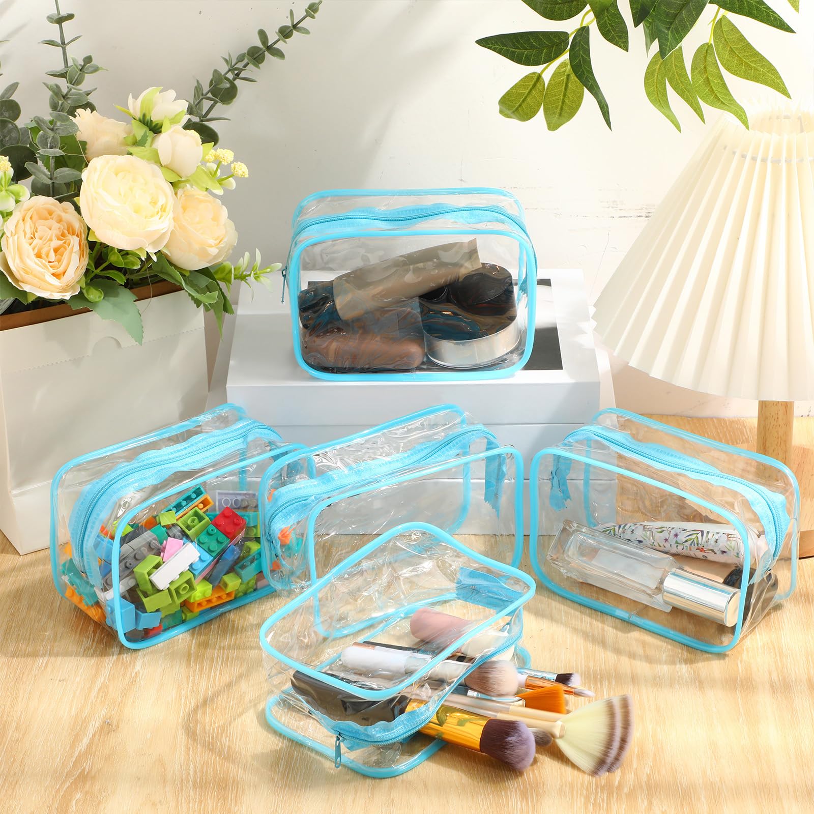 6 Pcs Clear PVC Waterproof Makeup Travel Bags with Zipper - Small Blue Cosmetic Organizer for Women & Men - Perfect for Airport Security, Gym, Toiletry & Daily Essentials Storage