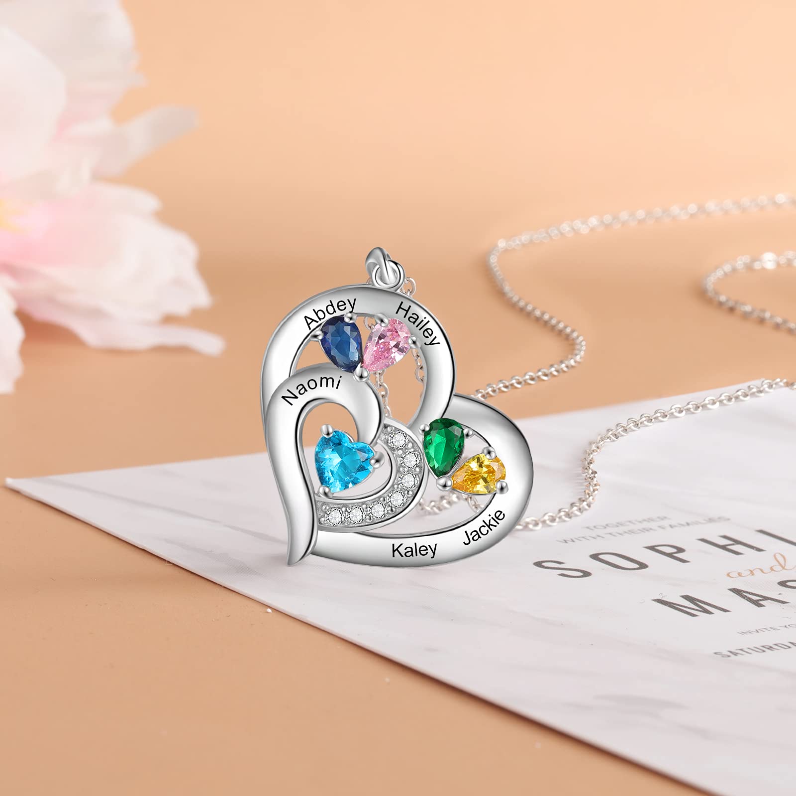 Personalized Mom Necklace with Birthstones & Names - Custom Heart Family Necklace for Women, Mother's Day Gift from Daughter | Perfect for Anniversaries, Birthdays & Special Occasions