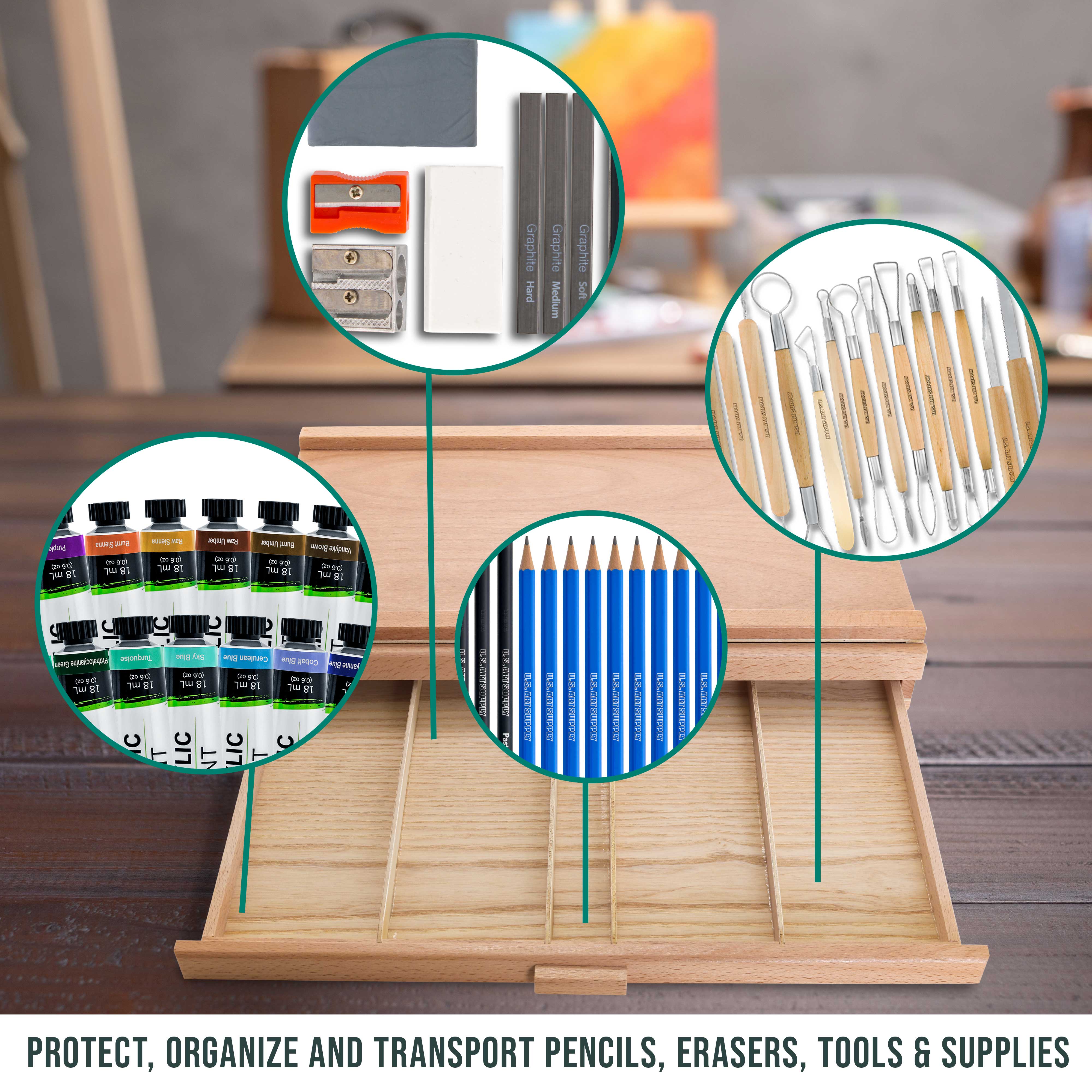 2-Drawer Artist Wood Storage Box for Pastels, Pens, Markers & Art Supplies | Elm Hardwood Construction with 5 Compartments per Drawer | Perfect for Drawing, Sketching & Blending Tools Organization in Studio or Classroom