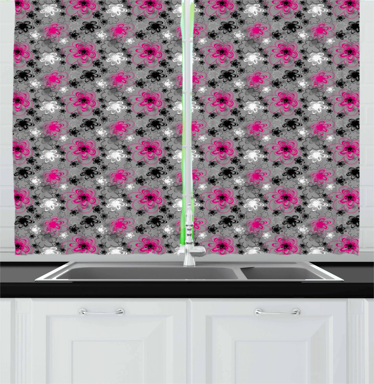 Ambesonne Vintage Floral Long Kitchen Curtains - Vibrant Freehand Drawn Blossoms in Hot Pink, Black & Grey | 55x45 Inch Rod Pocket Drapes | Retro Home Decor for Windows, Dining Room & Farmhouse Style