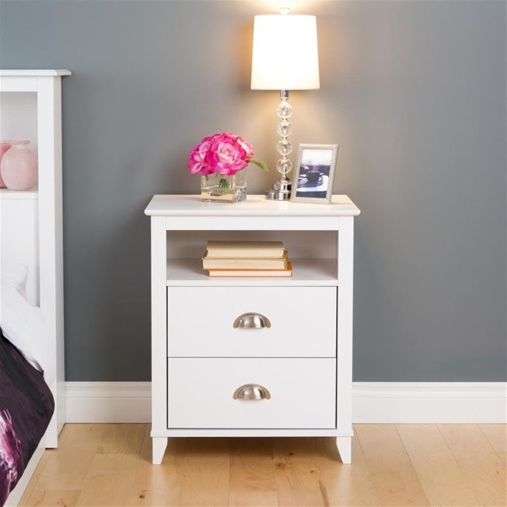 Pemberly Row Modern 2-Drawer White Nightstand - Bedside Table for Bedroom, Guest Room & Nursery - Compact Storage with Smooth Gliding Drawers