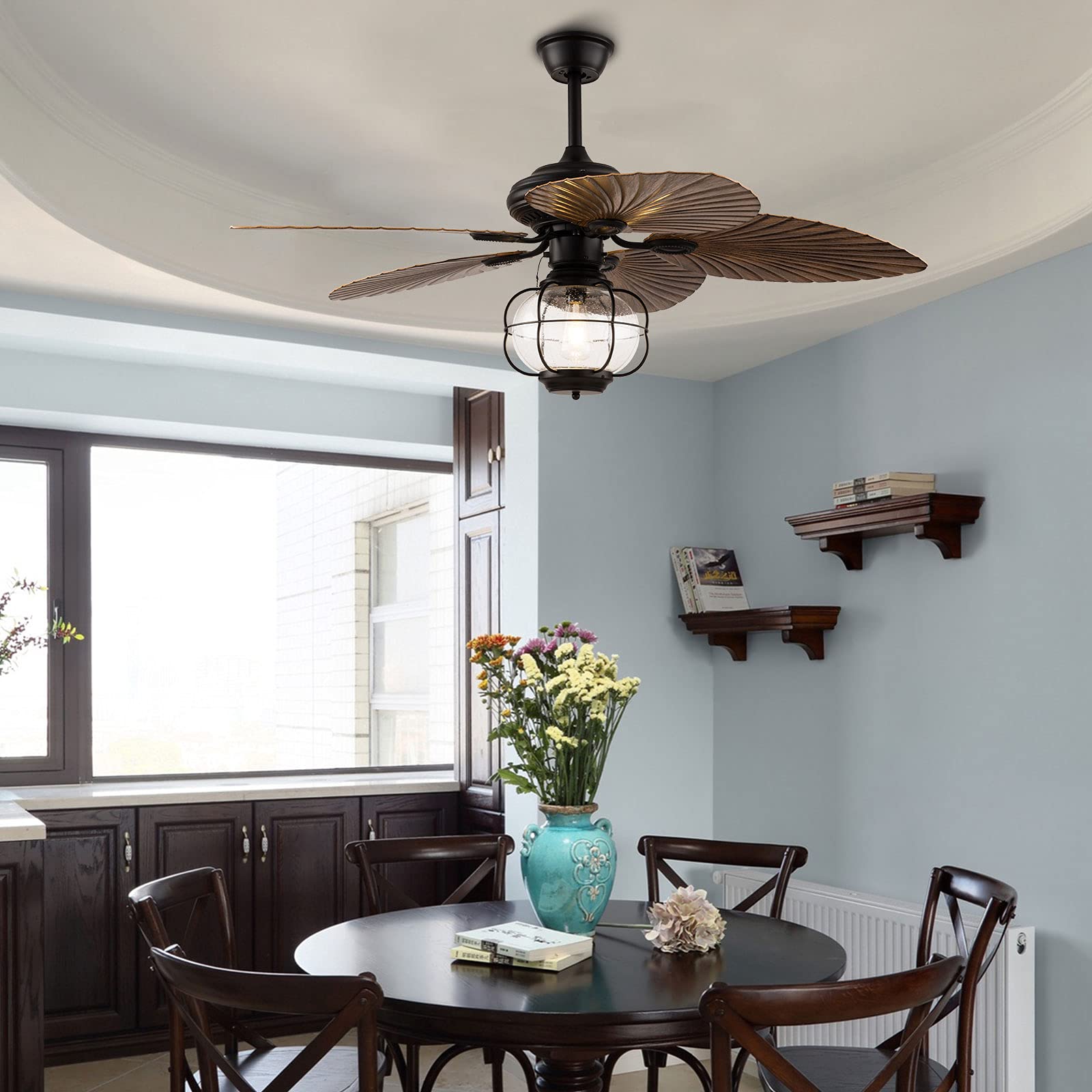52-Inch Tropical Palm Chandelier Ceiling Fan with 5 Palm Leaf Blades - 3 Speed Remote Control, 5-Light Industrial Cage Design - Quiet Rustic Fan for Bedroom, Living Room, Patio & Indoor Spaces - Perfect for Coastal, Beach House and Boho Home Decor