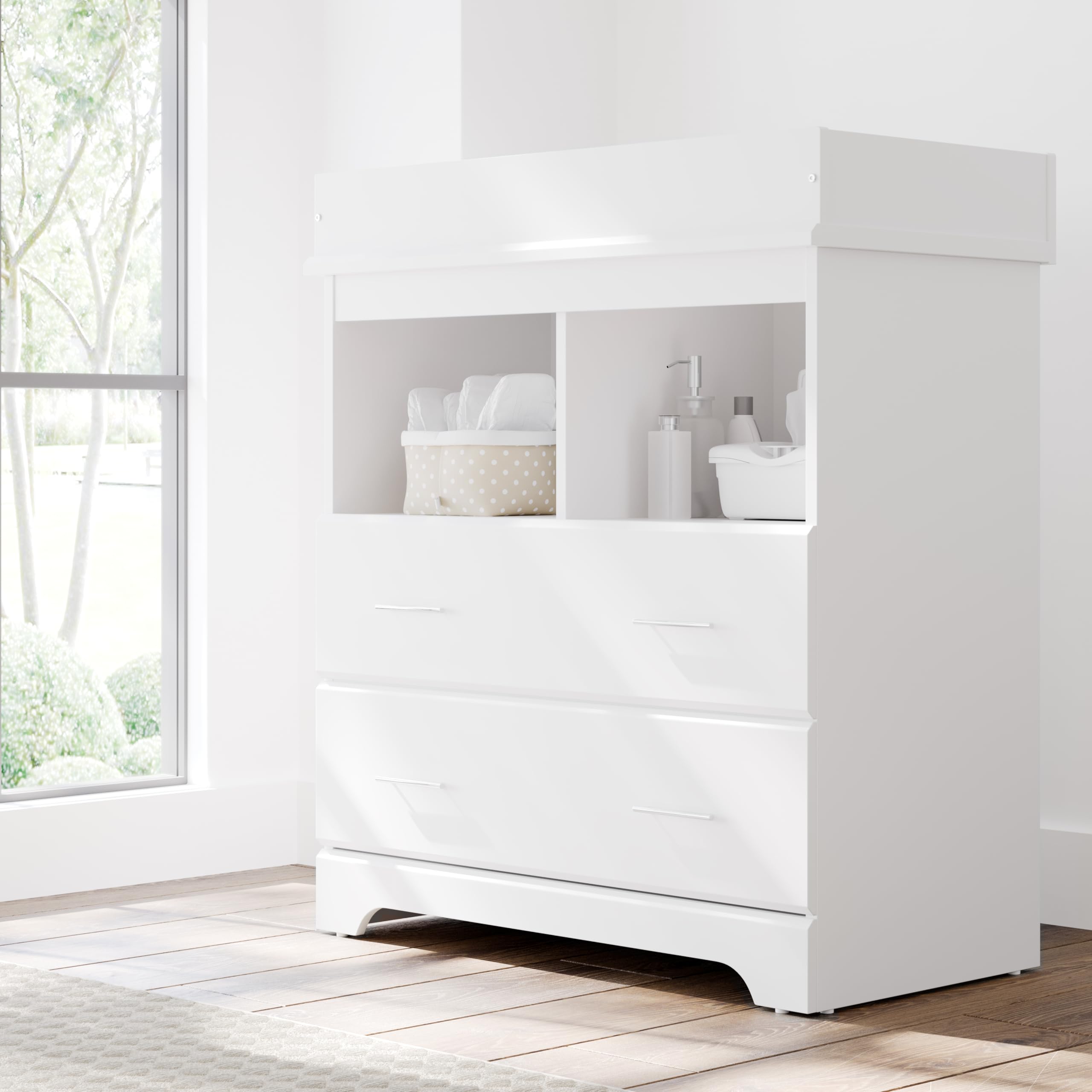 Storkcraft Brookside 2-Drawer Changing Table Dresser in White - GREENGUARD Gold Certified Baby Nursery Dresser with Changing Topper | Sturdy Baby Changing Station & Storage Solution for Nursery, Kids Bedroom & Daycare Use