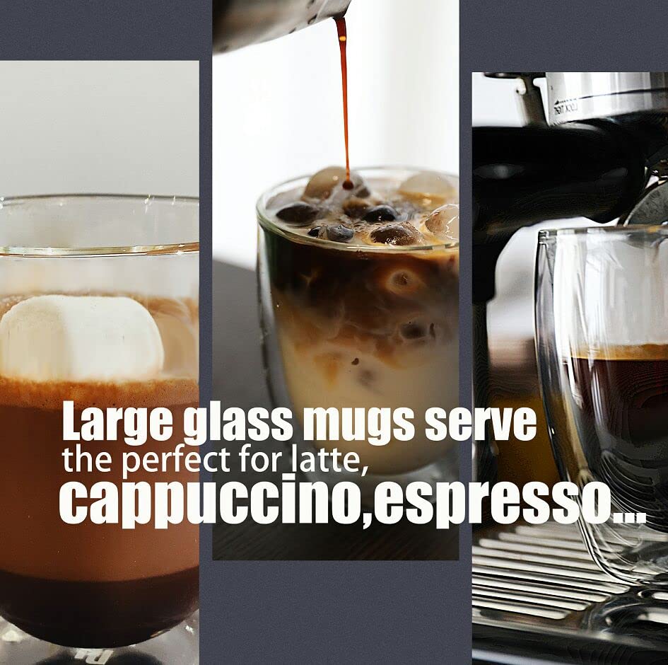 PunPun Bundle: 17oz Large Clear Glass Coffee Mugs (Set of 2) & 2.7oz Tea Cups (Set of 2) - Unique Espresso Cups for Home, Office, and Cafe Use