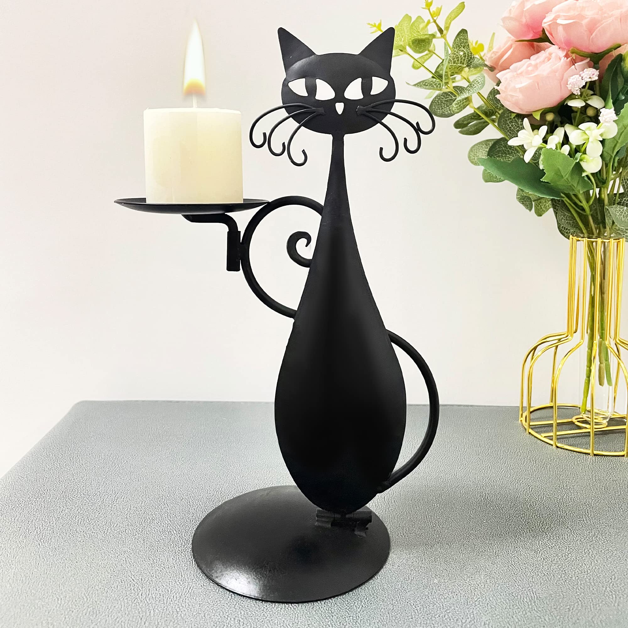 Black Cat Candle Holder for Pillar & LED Candles - Farmhouse Decor for Dining Table & Gifts