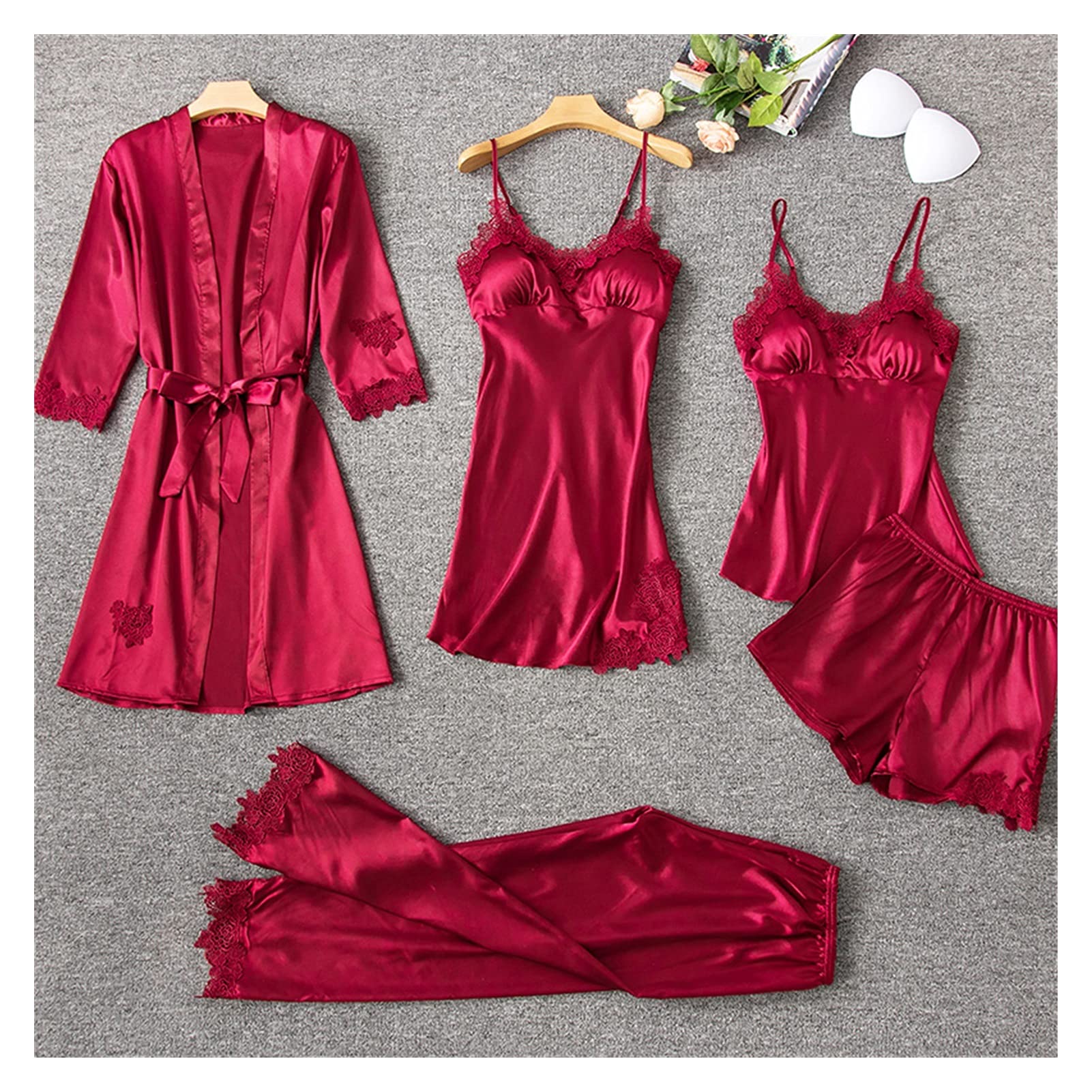Premium Mulberry Silk Pajama Set for Women - 5-Piece Luxurious Sleepwear with Built-in Chest Pad, Soft Nightgown & Nightshirt (Medium, Color H) - Perfect for Relaxing at Home, Spa Nights & Gift Giving