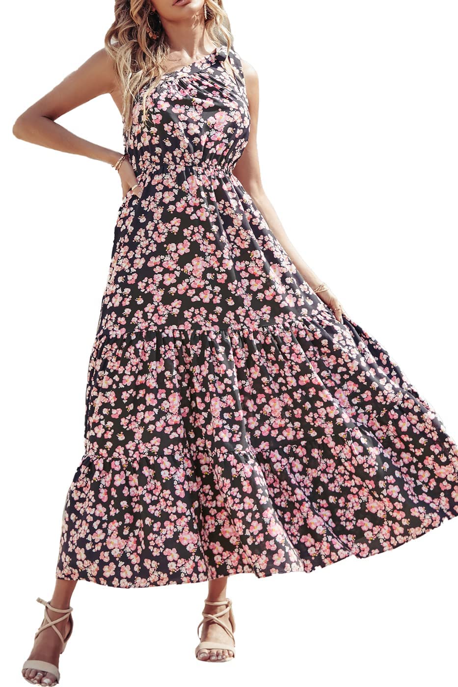DYLSGCS Women's Summer Floral One Shoulder Sleeveless Bohemian Midi Dress with Knot Detail - Perfect for Beach Vacations, Date Nights & Summer Parties