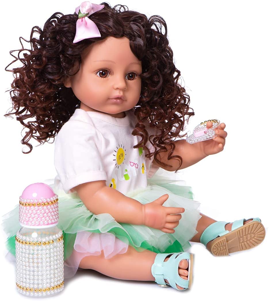 Realistic Reborn Baby Doll - Lifelike Full Silicone Body Toddler Doll with Curly Hair (Green Dress) - Perfect for Collectors, Gift Giving & Therapy Use