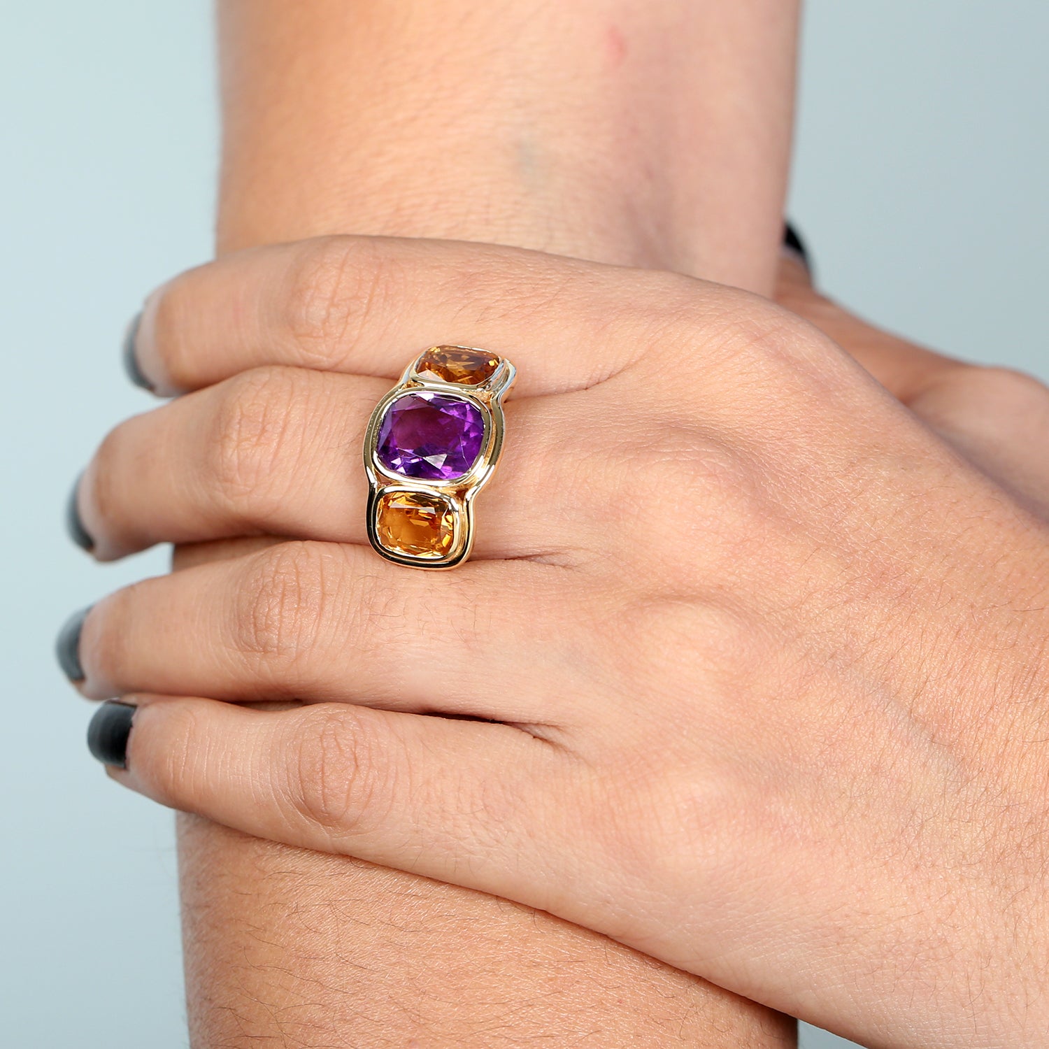 18K Yellow Gold Cushion Cut Citrine Bezel Set Amethyst Three Stone Ring | Elegant Jewelry for Weddings, Anniversaries & Special Occasions