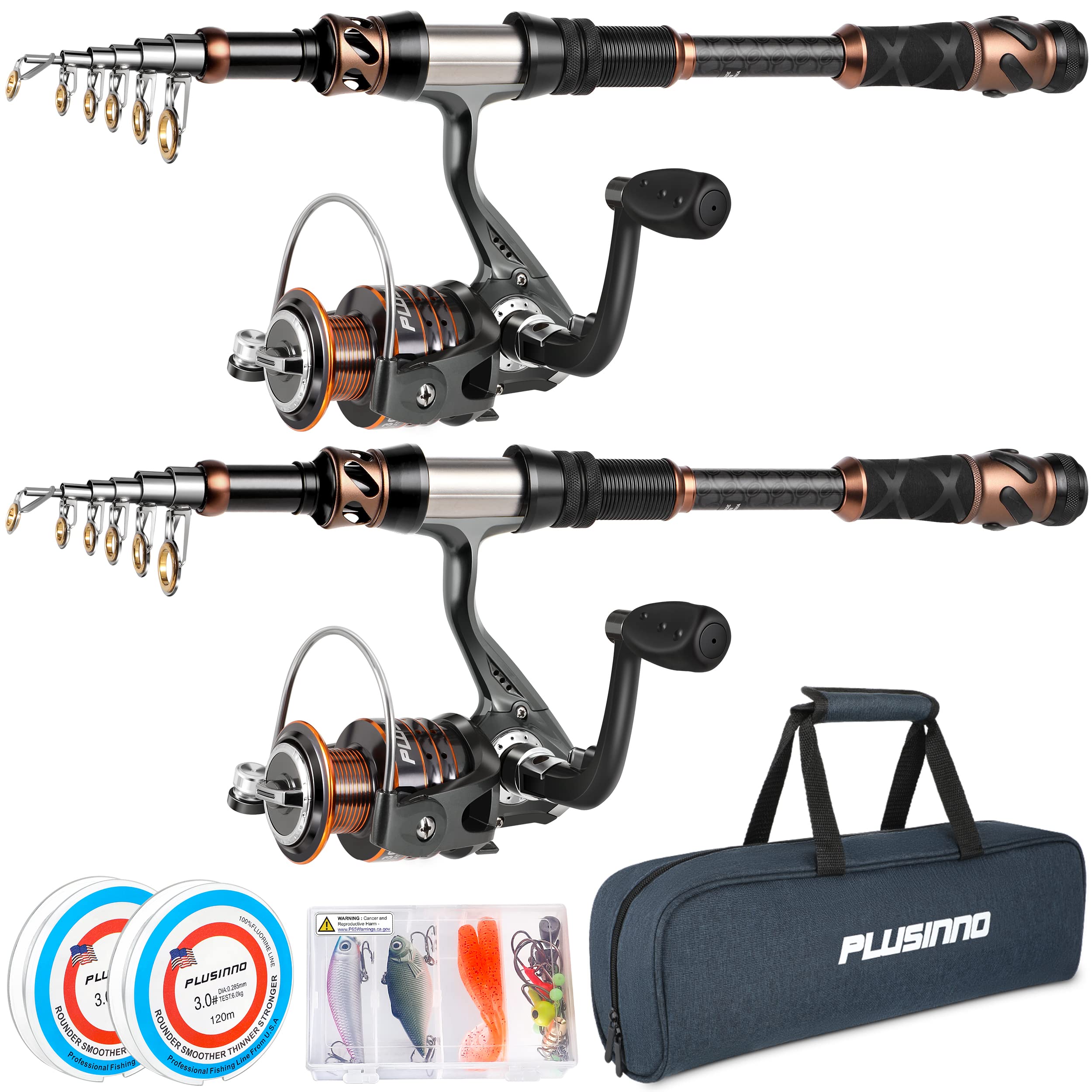 PLUSINNO Carbon Fiber Telescopic Fishing Rod and Reel Combo with Spinning Reel - 12+1 Shielded Bearings Stainless Steel BB - Lightweight Portable Fishing Gear for Freshwater, Saltwater, Lake and River Fishing