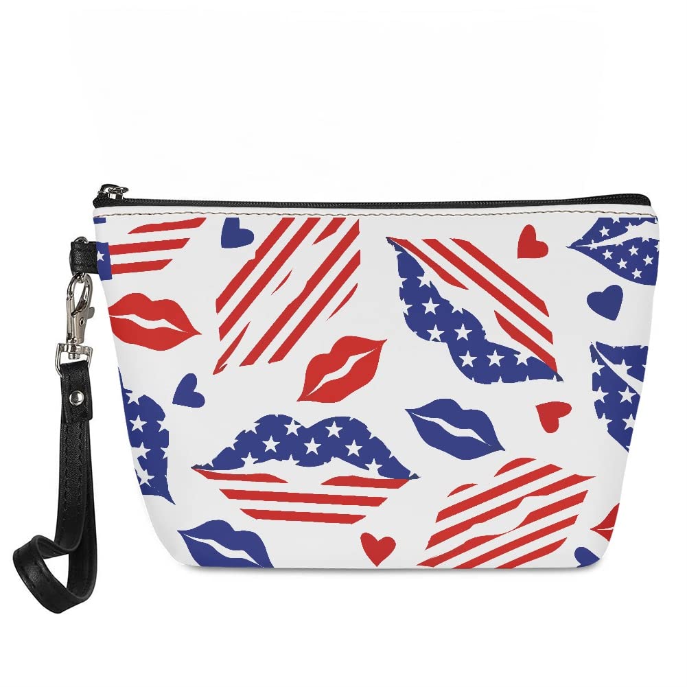 GLUDEAR Women's Travel Makeup Bag - Waterproof Cosmetic Organizer with American Flag Lips Design, Portable Train Case & Toiletry Storage for Makeup Artists, Perfect for Travel, Gym, and Daily Use