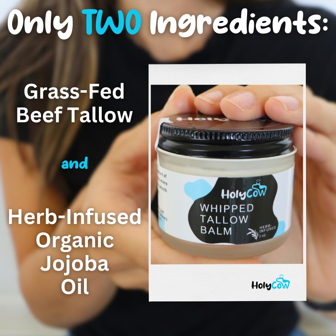 Whipped Grass-Fed Beef Tallow Balm with Organic Jojoba Oil - Unscented & Herb-Infused Face Moisturizer for Dry Skin, Eczema Relief, Baby Care & Lip Treatment | Natural Skincare for Sensitive Skin, DIY Beauty & Healing Balm for Cracked Hands