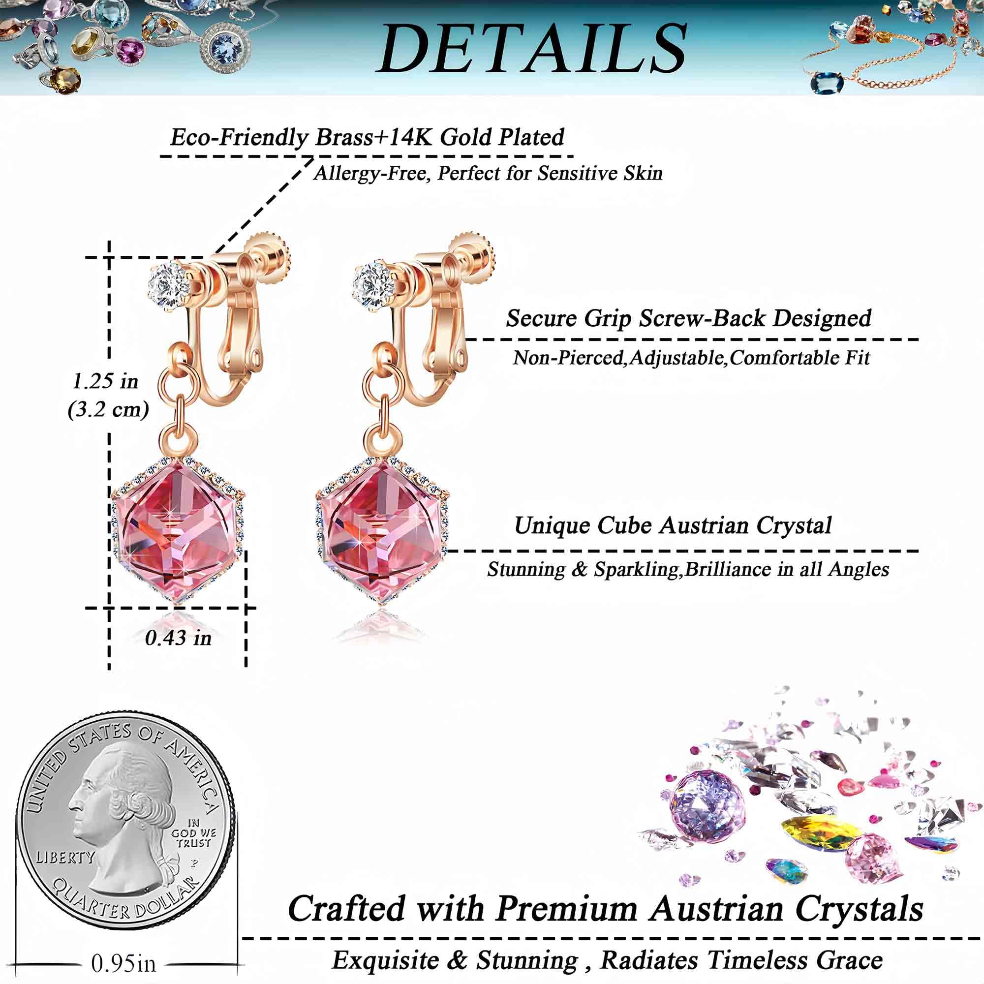 Cube Austrian Crystal Drop Clip-On Dangle Earrings for Women - Non-Pierced 14K Rose Gold Plated Hypoallergenic Jewelry - Perfect for Weddings, Parties & Special Occasions