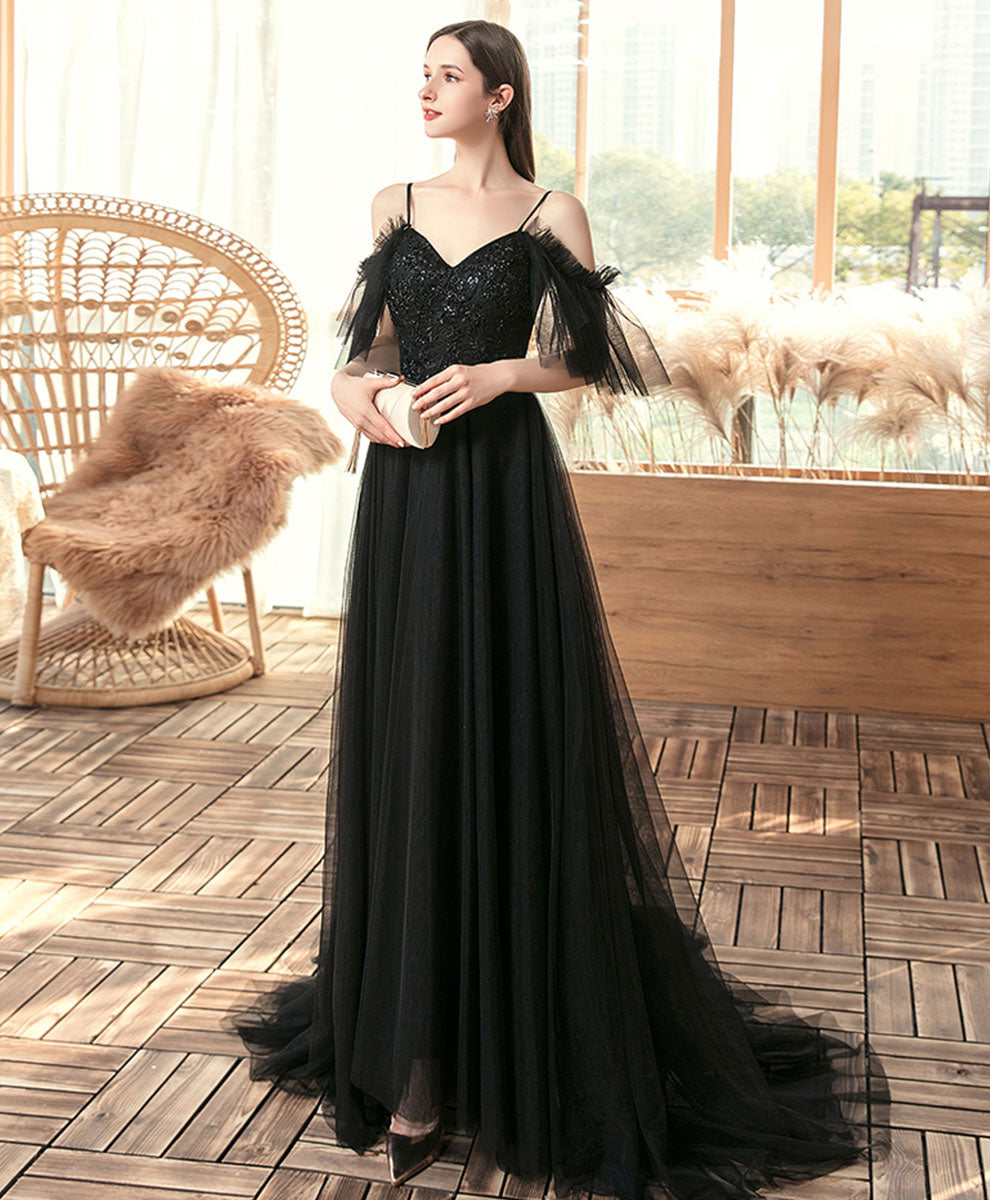 Elegant Black V-Neck Tulle Lace Long Prom Dress for Evening Gala & Formal Events | Perfect for Homecoming, Wedding Guest & Special Occasions