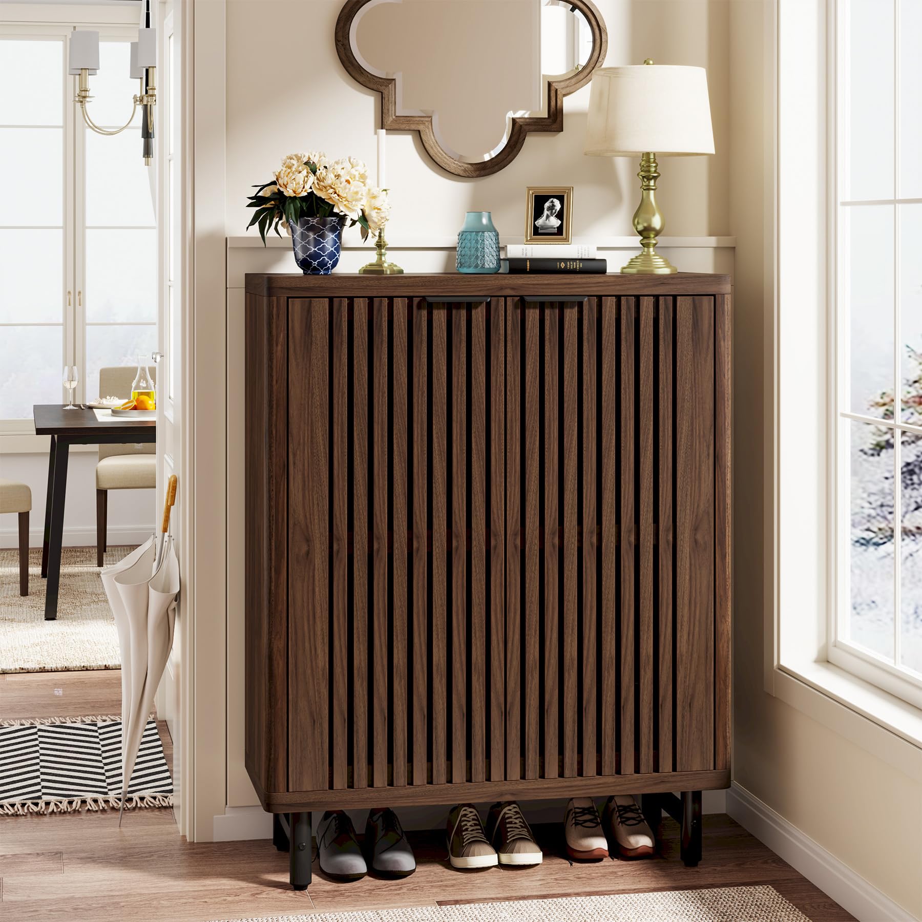 Tribesigns 6-Tier Shoe Cabinet with Shutter Doors - Large Wooden Shoe Organizer with Adjustable Shelves - Modern Farmhouse Entryway Storage Furniture for Hallway & Closet - Dark Walnut Finish - Perfect for Small Spaces & Home Organization