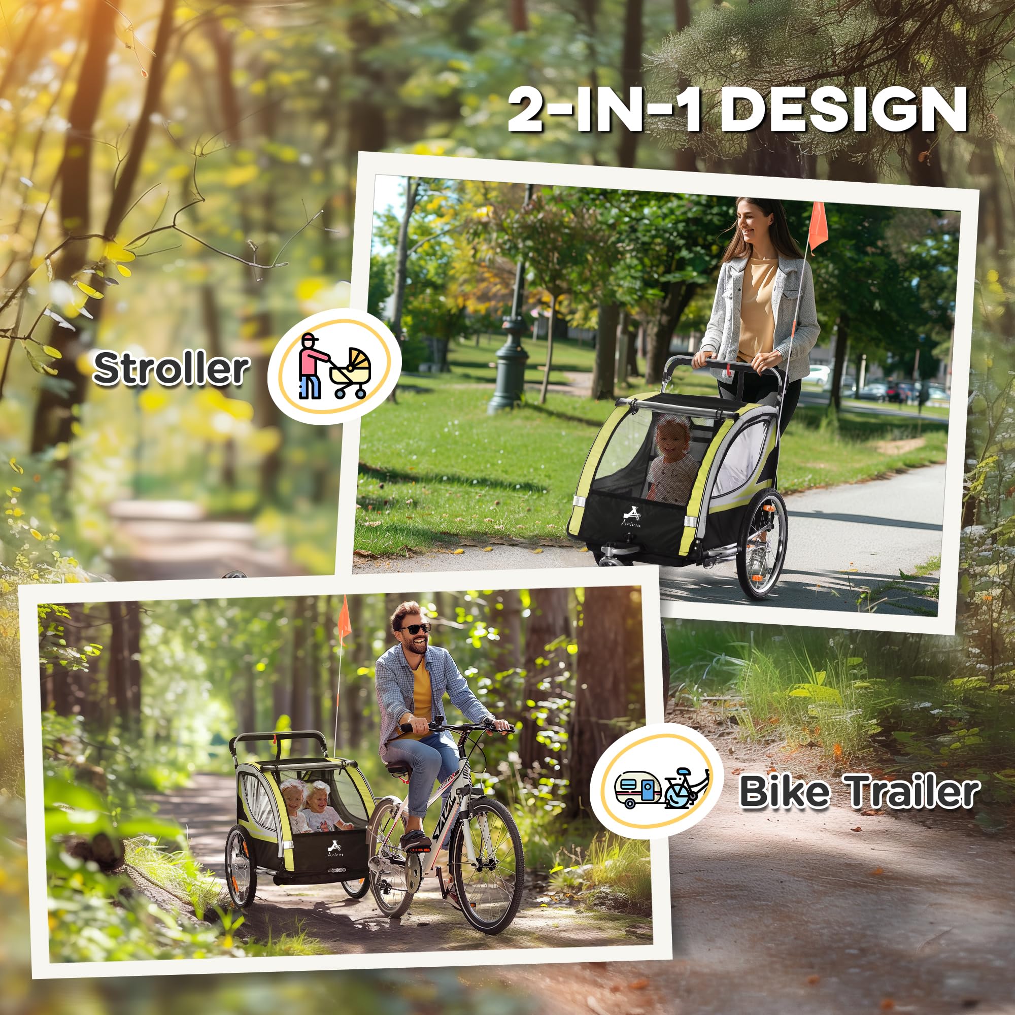 **Aosom 2-in-1 Double Baby Jogging Stroller & Bike Trailer for Kids & Toddlers – Handbrake, 5-Point Harness, Waterproof Cover, Storage Bag, Safety Flag & Reflectors – Perfect for Outdoor Adventures, Running & Biking**