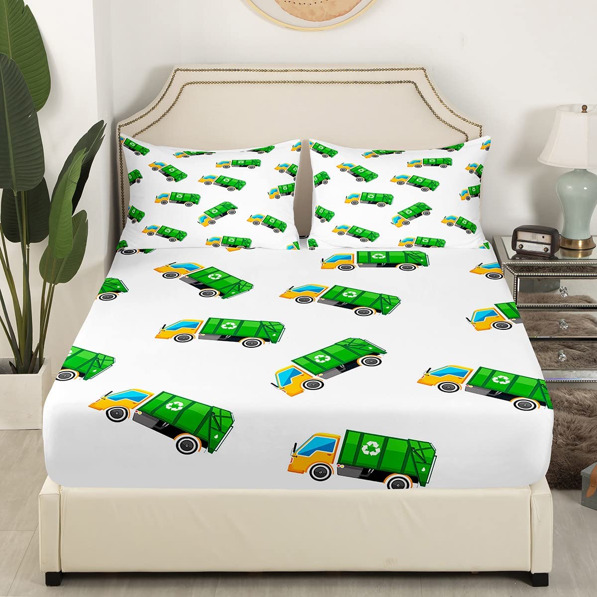 Kids Castle Fairy Green Car Bed Sheet Set - Garbage Truck Model Twin Size Sheets with Deep Pocket & Flat Sheet | Cartoon Vehicles Themed Bedding for Boys & Girls | Perfect for Kids' Rooms, Sleepovers & Themed Decor