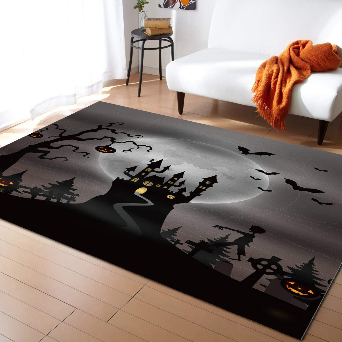 ARTSHOWING Halloween Large Area Rug 4' x 6' - Durable Indoor Outdoor Carpet with Non-Slip Backing - Gothic Horror Castle Design - Perfect for Bedroom, Living Room, Nursery & Kids Room Decor - Great for Halloween Party Decorations & Spooky Home Theming