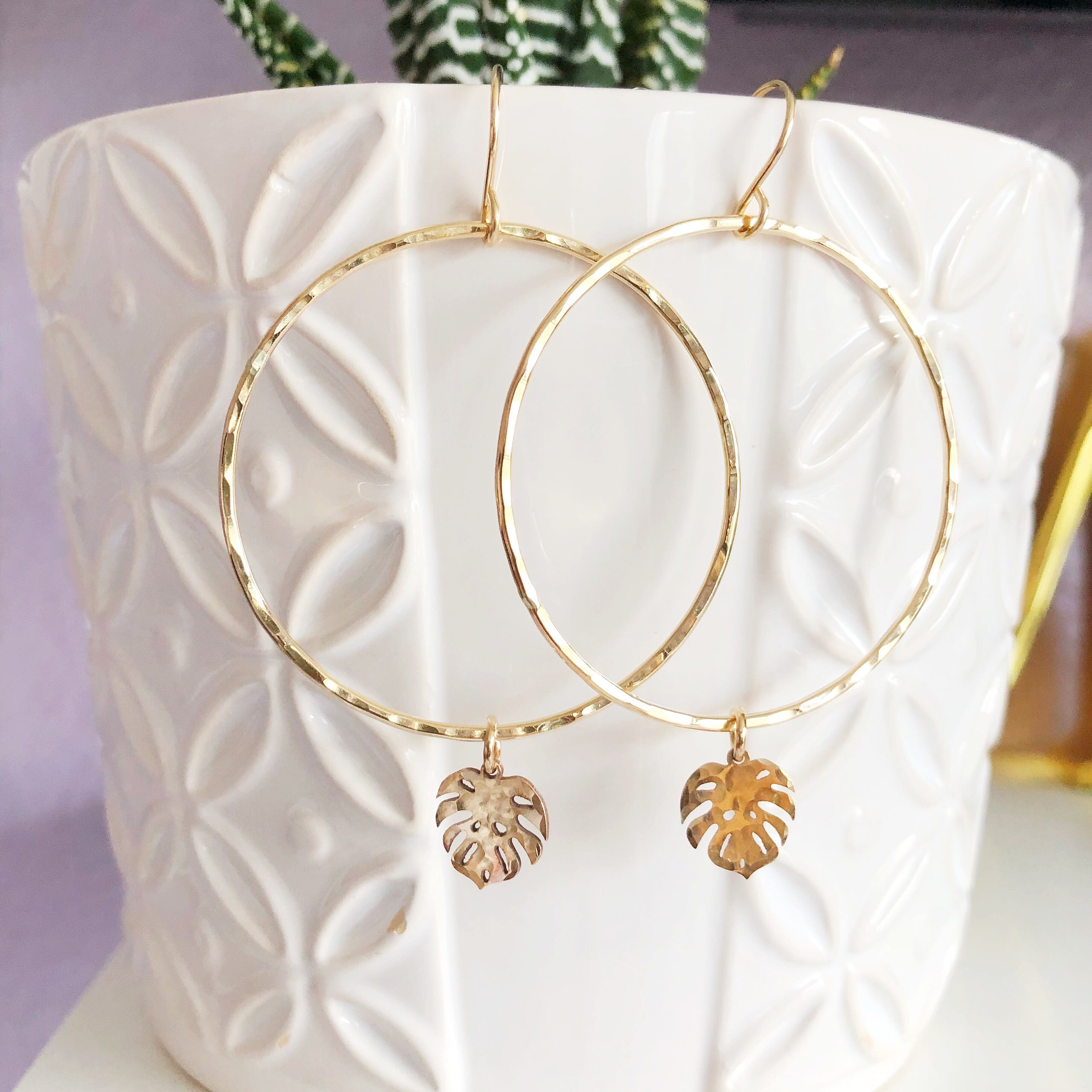 Monstera Leaf Hoop Earrings for Women - Gold Plated Dangle Earrings with Unique Tropical Design - Perfect for Boho, Summer, and Vacation Outfits