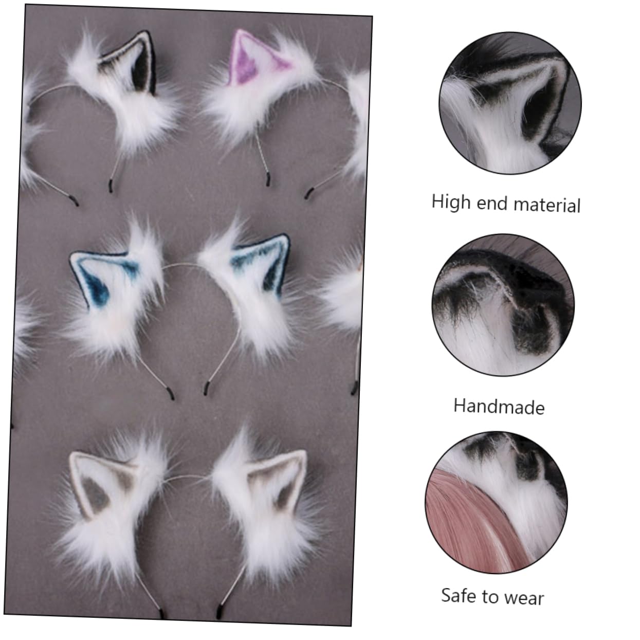 Minkissy 3-Piece Animal Ear Headband Set - Plush Fox Ears Headband for Cosplay, Halloween, and Parties - Handmade Soft Fabric Headwear for Adults, Women & Men - Perfect for Anime Conventions, Costume Events, and Themed Celebrations (White)
