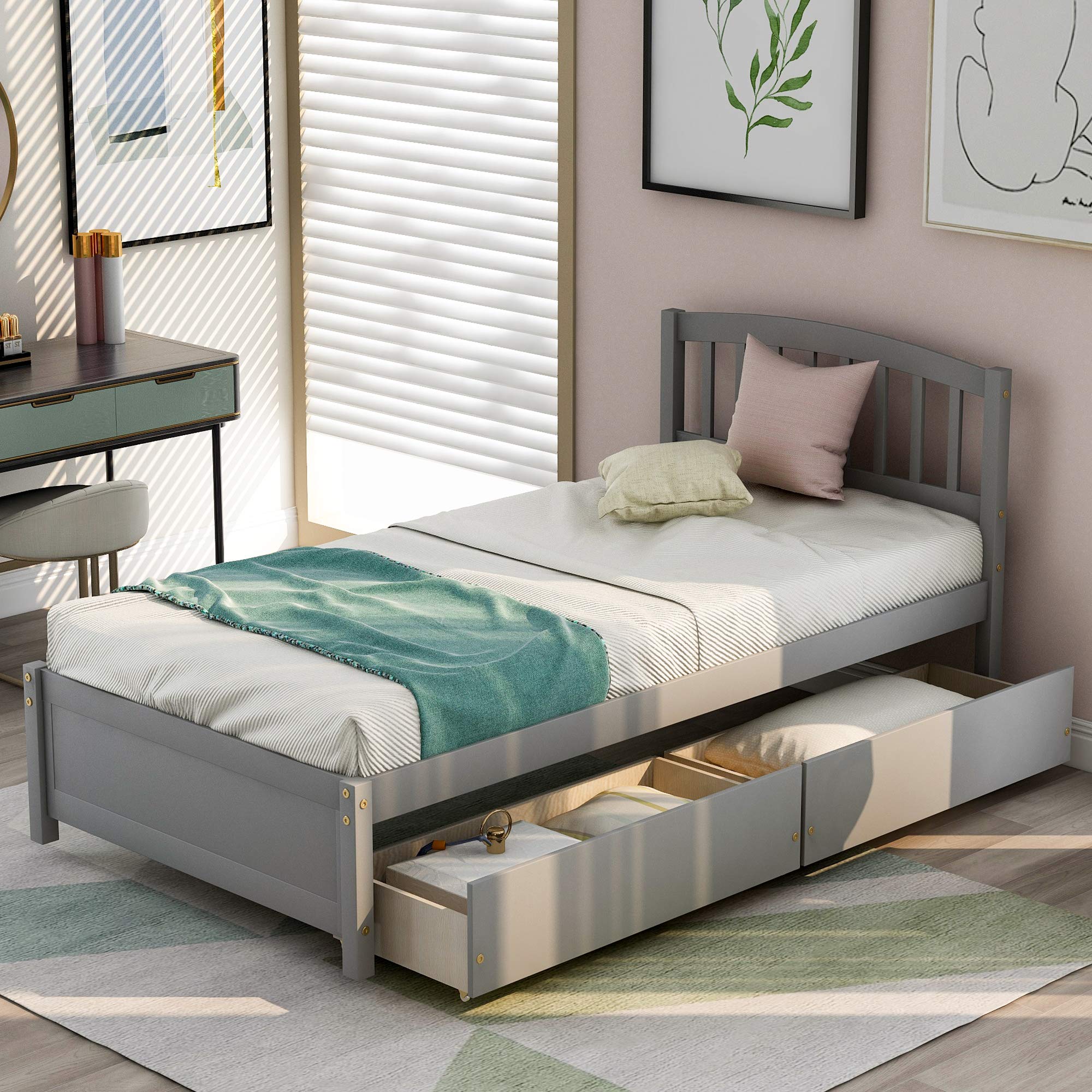 P PURLOVE Twin Size Wood Platform Bed Frame with Storage Drawers & Headboard - Espresso Finish, No Box Spring Needed - Perfect for Small Bedrooms, Guest Rooms & Kids' Rooms