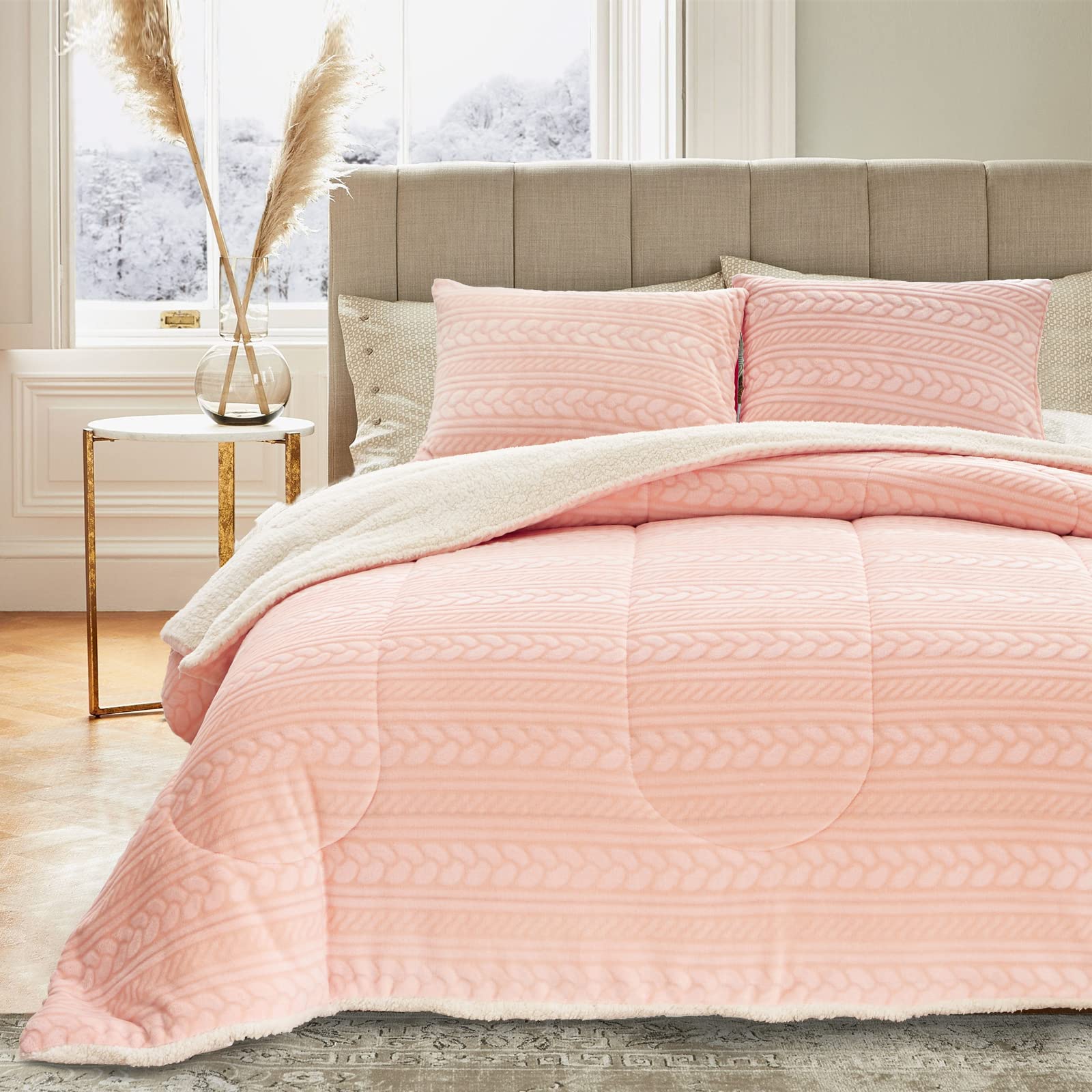 Luxury Flannel Fleece Sherpa Comforter Set 3-Piece King Size - Jacquard Boho Stripes Down Alternative Bedding - Ultra Soft & Warm Winter Comforter with 2 Pillowcases (Pink) - Perfect for Cozy Bedrooms, Guest Rooms & Cold Weather Comfort